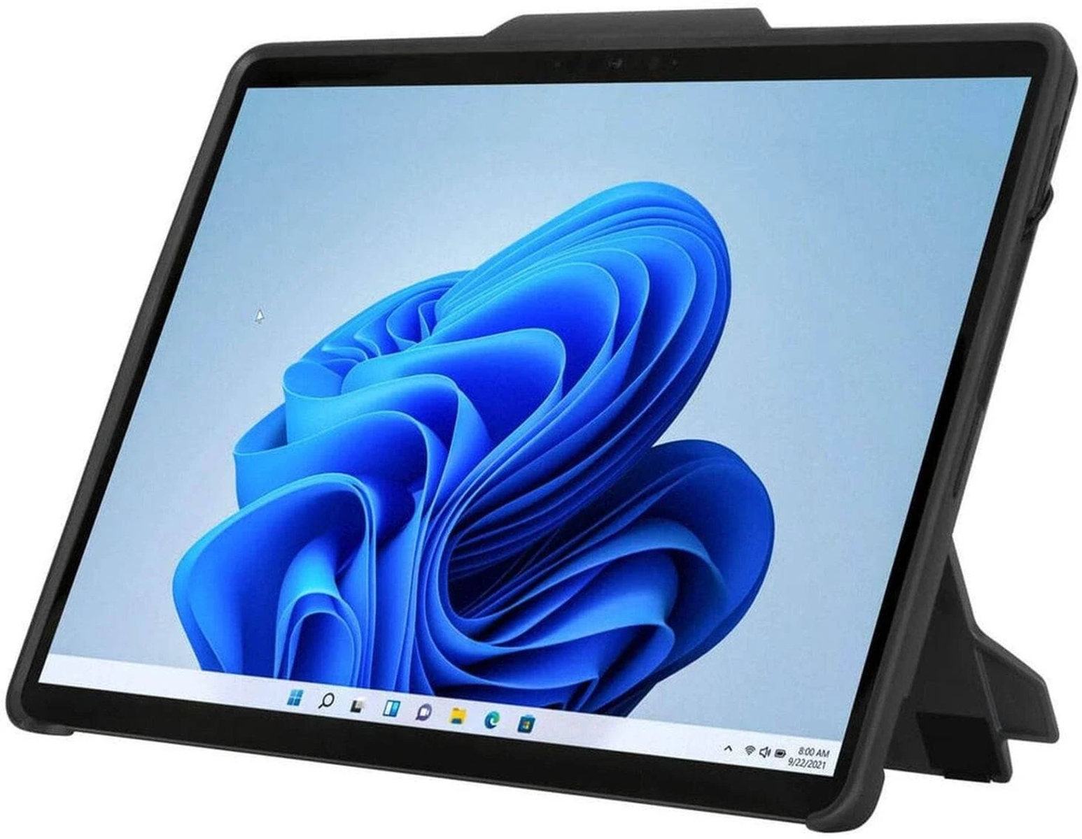 Tableta con funda negra y soporte, mostrando una pantalla con imagen azul.
