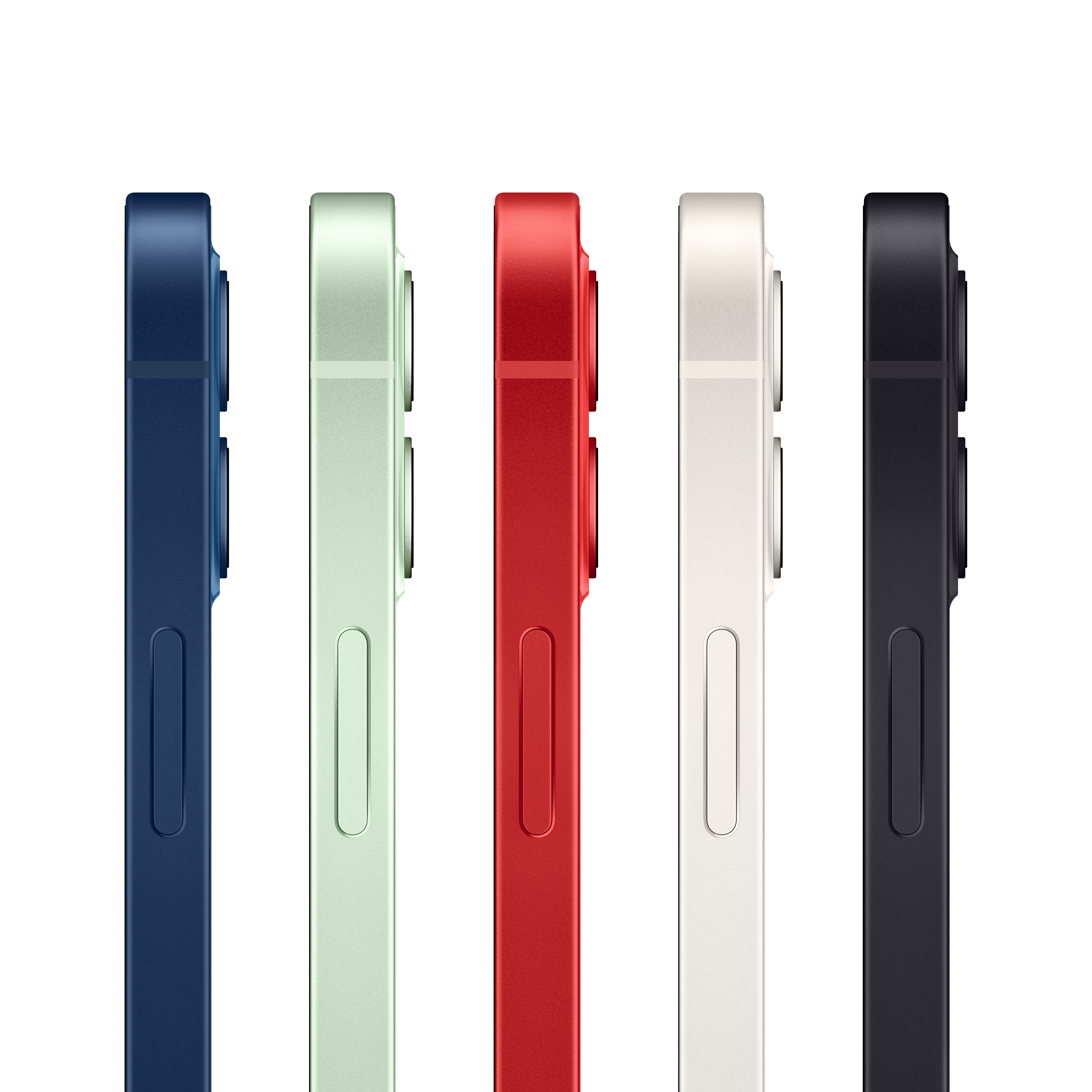 Pięć telefonów w różnych kolorach: niebieskim, zielonym, czerwonym, białym i czarnym, od lewej do prawej.