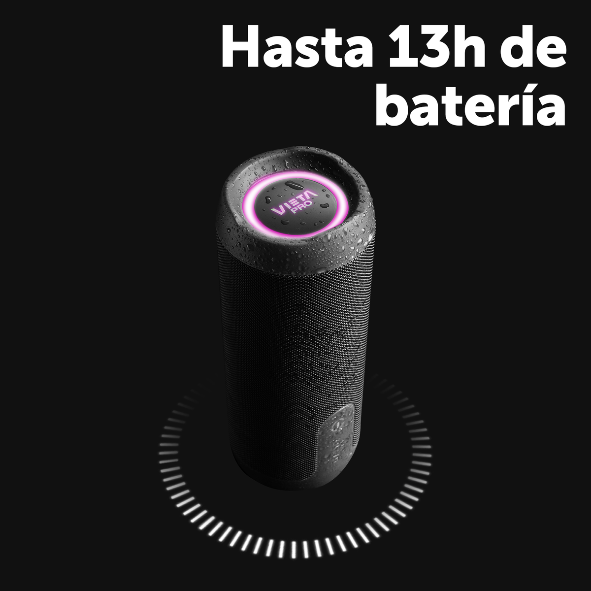 Un altoparlante nero con un anello luminoso e il testo 'Vista Pro' con testo sopra.