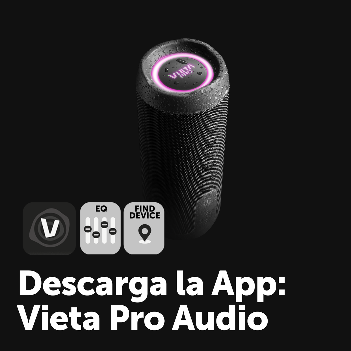 Altoparlante cilindrico nero con luce viola in alto e icone. Testo: Vieta Pro Audio.