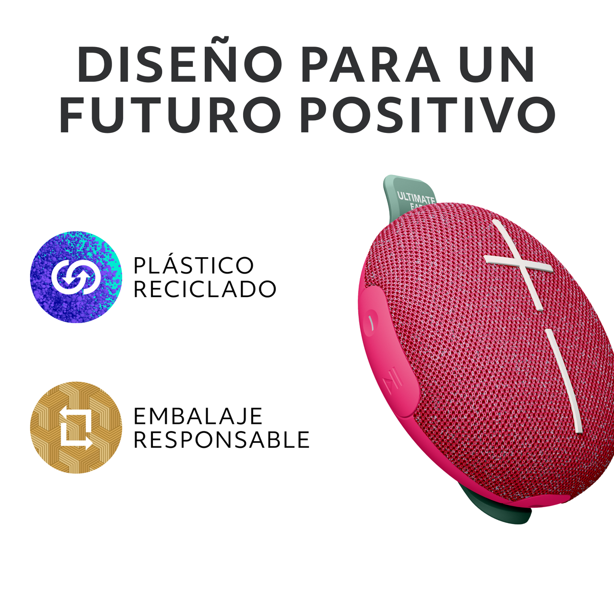 Różowy i biały głośnik z guzikiem i zielonym paskiem. Tekst: 'Diseño para un Futuro Positivo'.