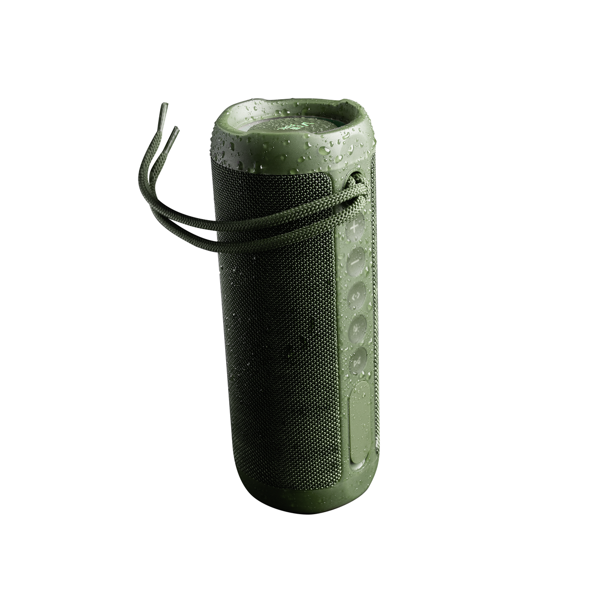 Altoparlante verde impermeabile con manico in corda, su sfondo bianco con gocce d'acqua.