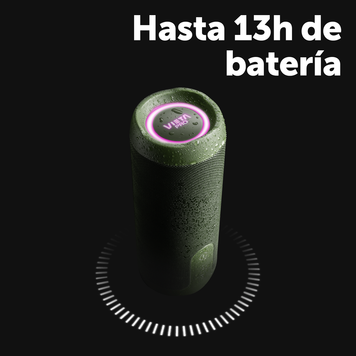 Altoparlante verde con la parte superiore luminosa e testo sulla durata della batteria.