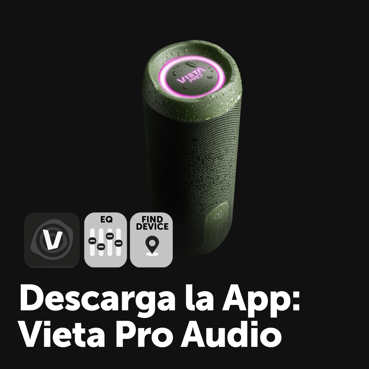 Un altoparlante Vieta Pro verde e nero. Ha il nome del marchio illuminato e icone per le funzioni dell'app.