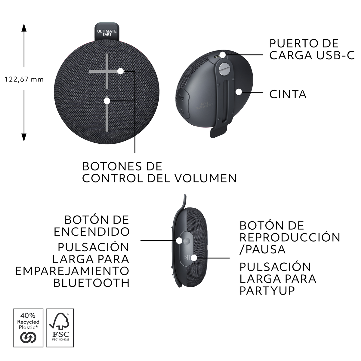 Czarny okrągły głośnik z przyciskami głośności i parowaniem Bluetooth na białym tle z etykietami.