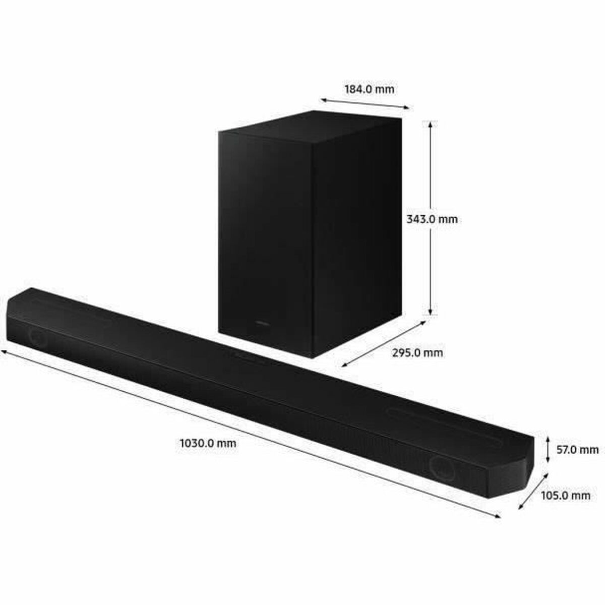Barra de sonido y subwoofer negros, con medidas de tamaño.