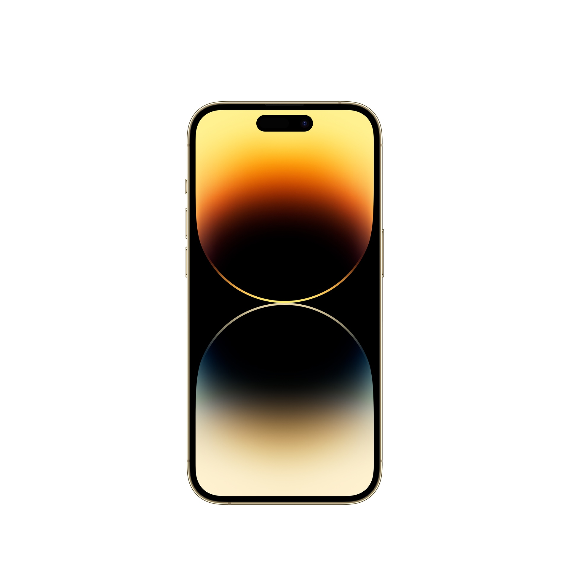 Złoty iPhone z wycięciem w kształcie pigułki na górze ekranu, na białym tle.