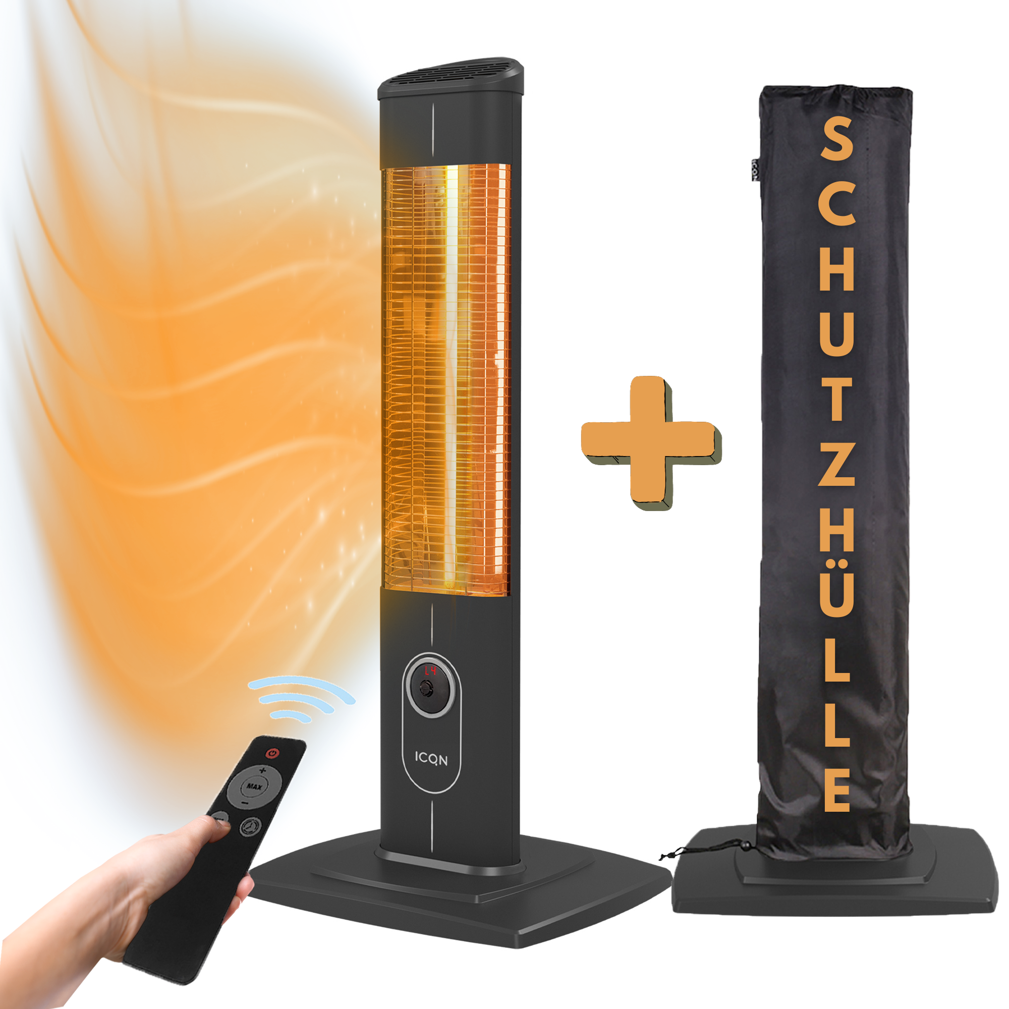 Ein schwarzer Heizstrahler mit Fernbedienung und Schutzhülle. Der Heizstrahler hat ein vertikales Design.