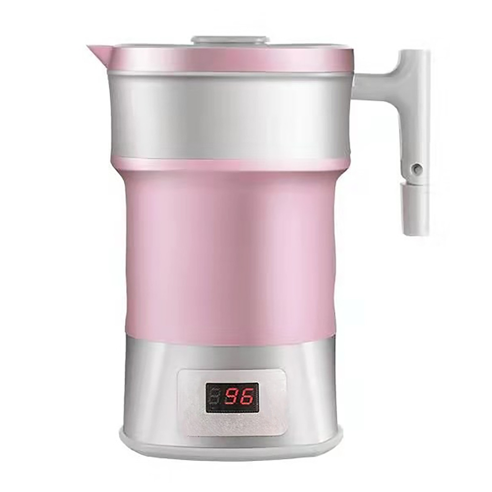 Ein pinker und silberner Wasserkocher mit digitaler Anzeige. Er hat einen Griff und einen Deckel.