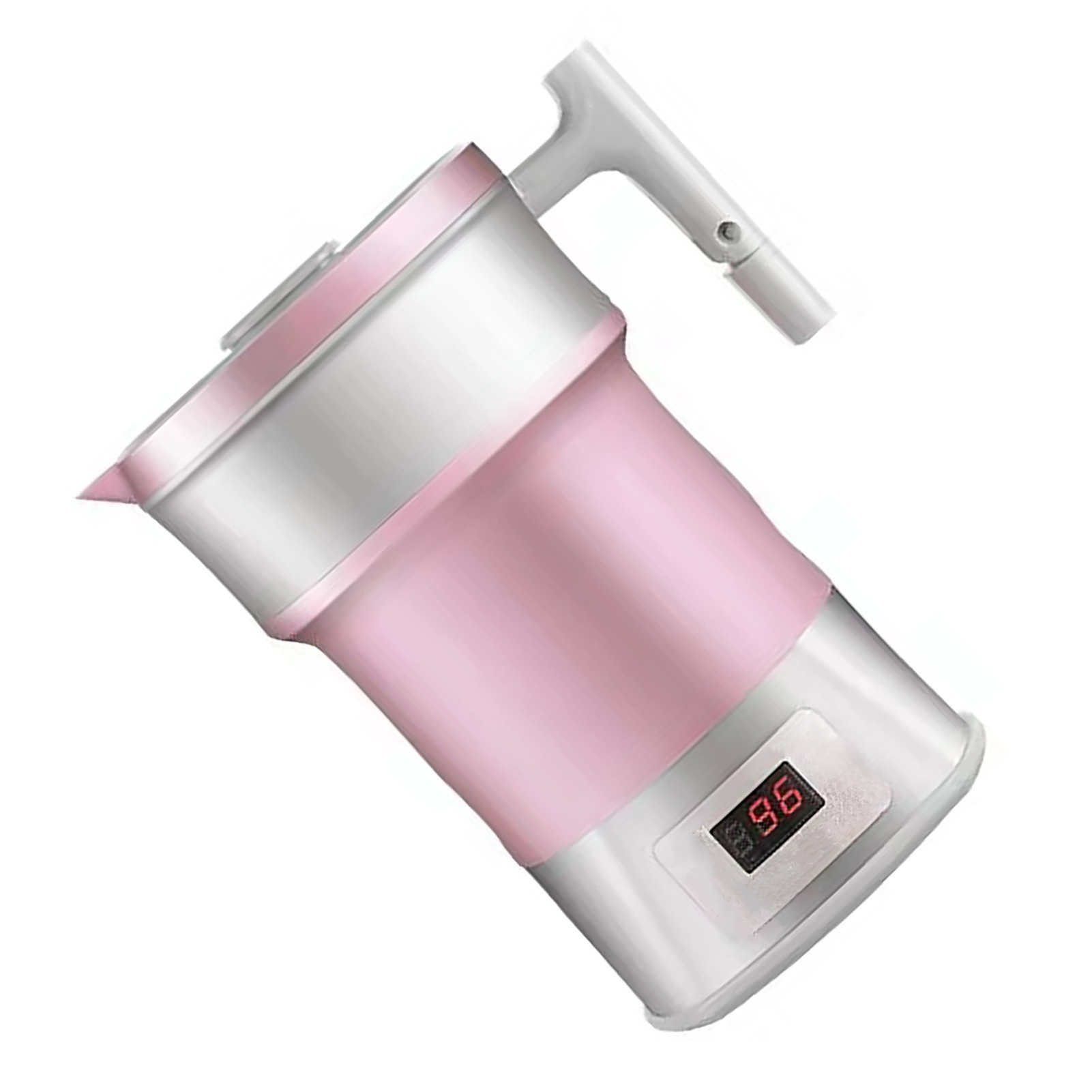 Ein rosa und silberner Wasserkocher mit Digitalanzeige.