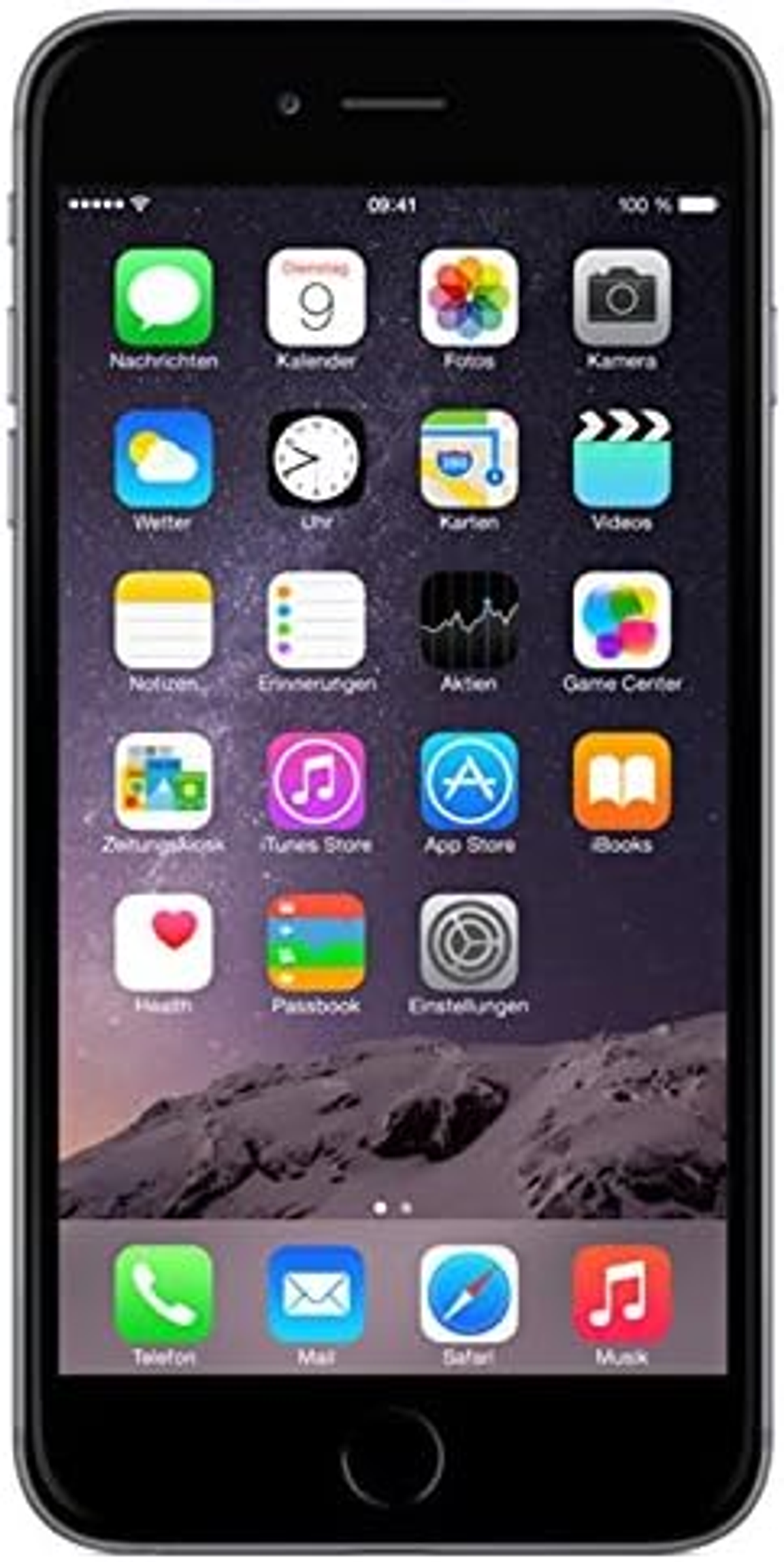 Ein schwarzes iPhone, das eine deutschsprachige Oberfläche mit App-Symbolen auf weißem Hintergrund zeigt.