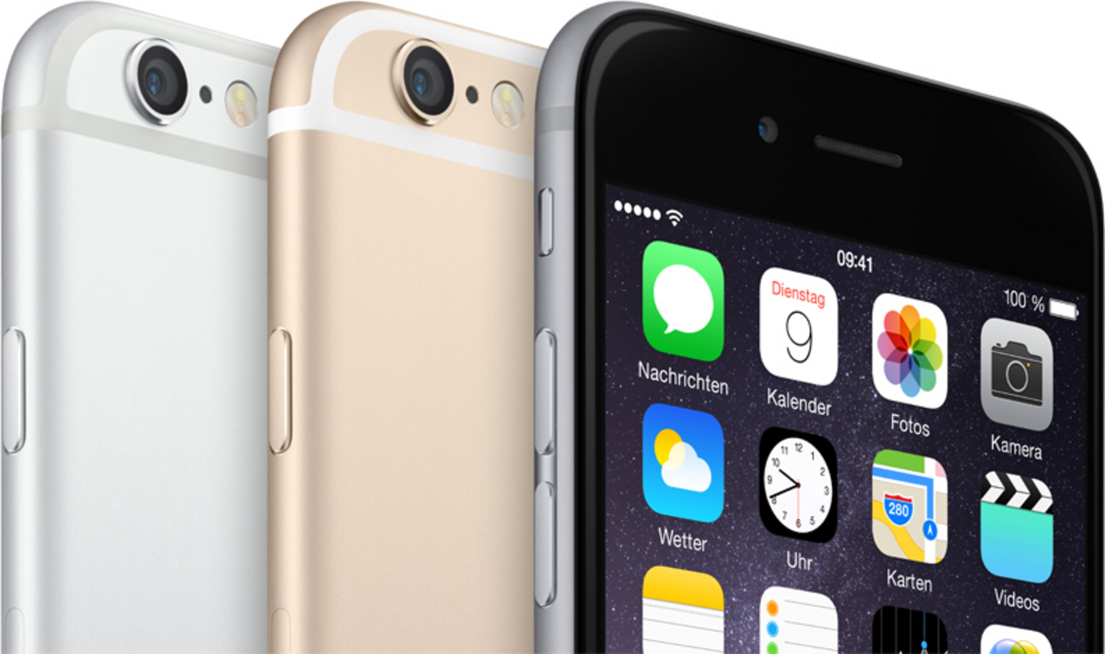 Drei iPhone 6 Modelle in verschiedenen Farben: Silber, Gold und Schwarz. Anzeige mit App-Symbolen.