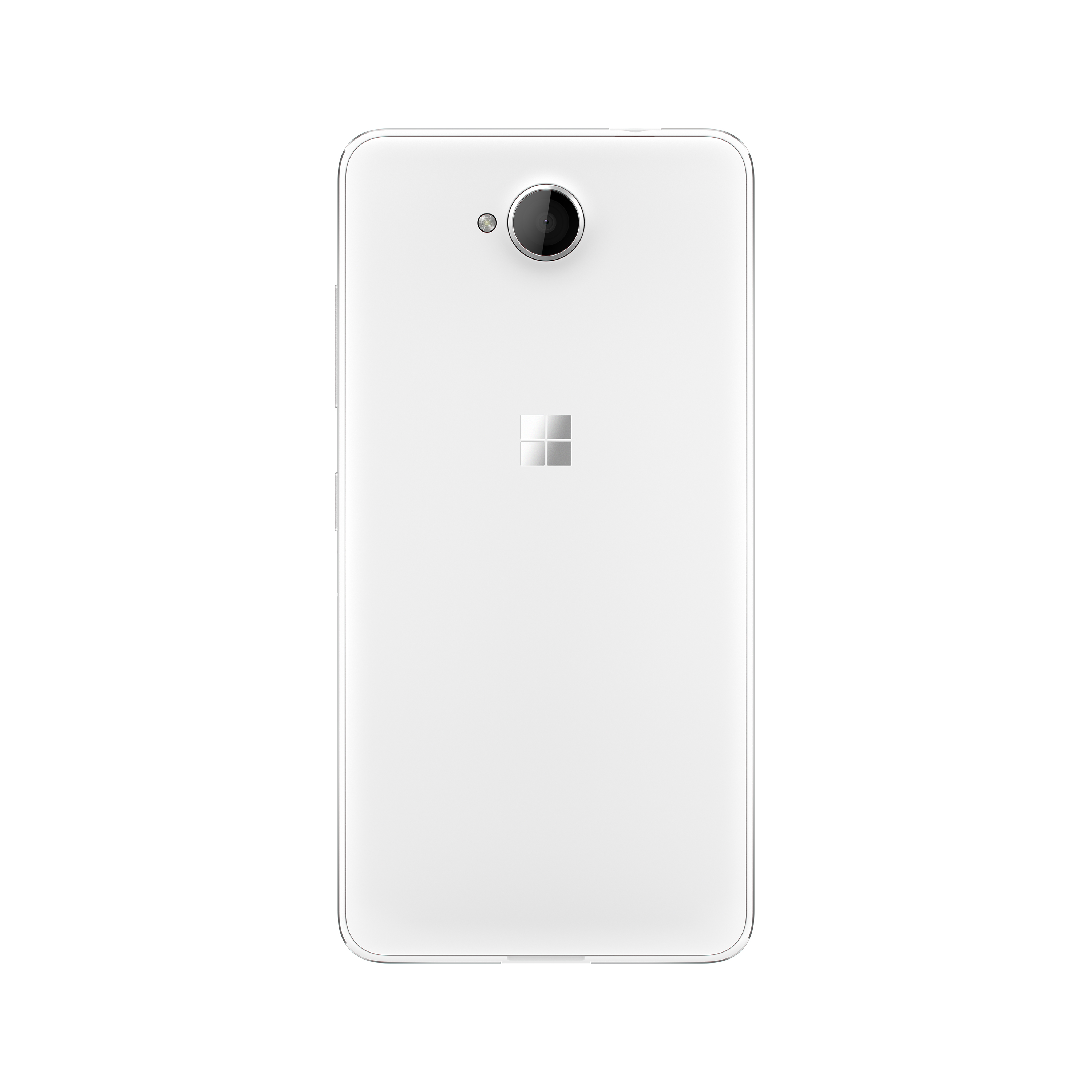 Rückseite eines weißen Telefons mit einzelner Kamera und Microsoft-Logo.