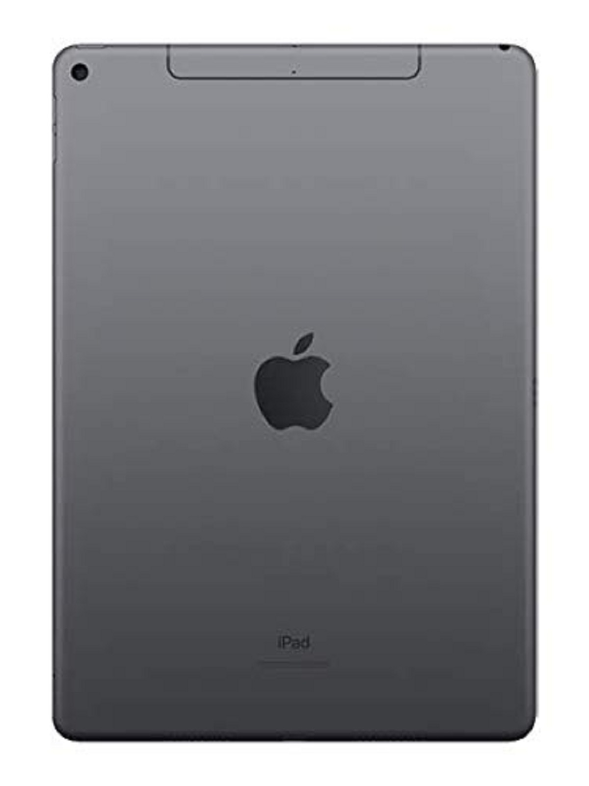 Ciemnoszary iPad Apple, widok z tyłu, z logo Apple. Tło jest białe.