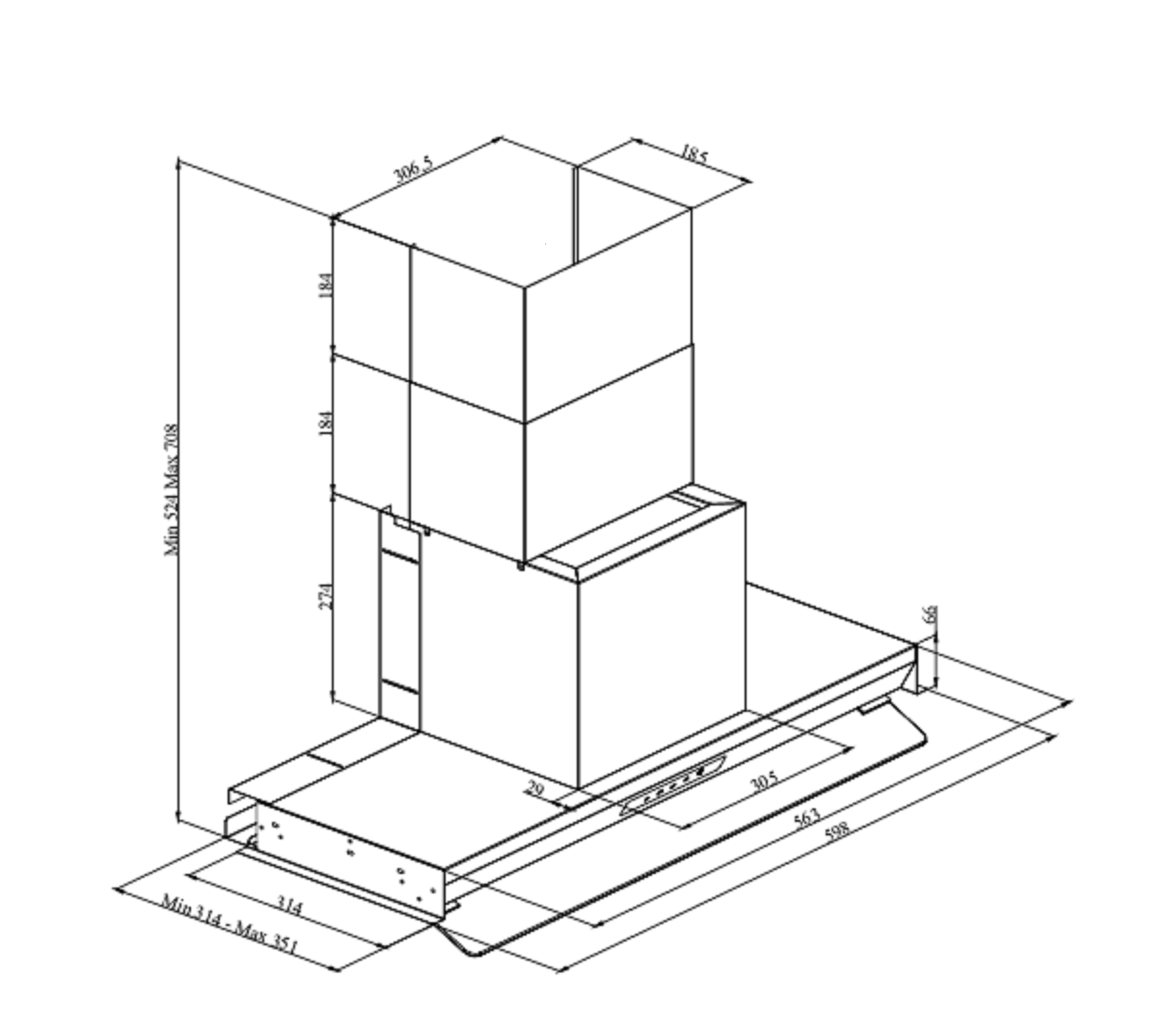 Disegno tecnico di una cappa aspirante con dimensioni in mm.