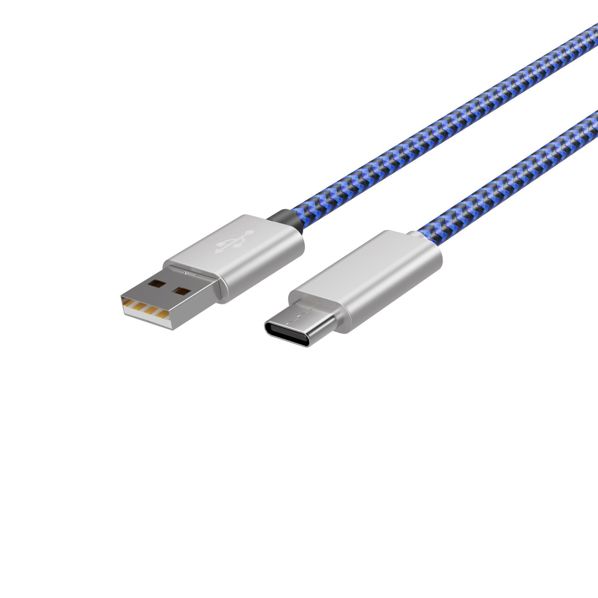 USB-zu-USB-C-Kabel mit blauem und schwarzem geflochtenem Design, silbernen Steckern.