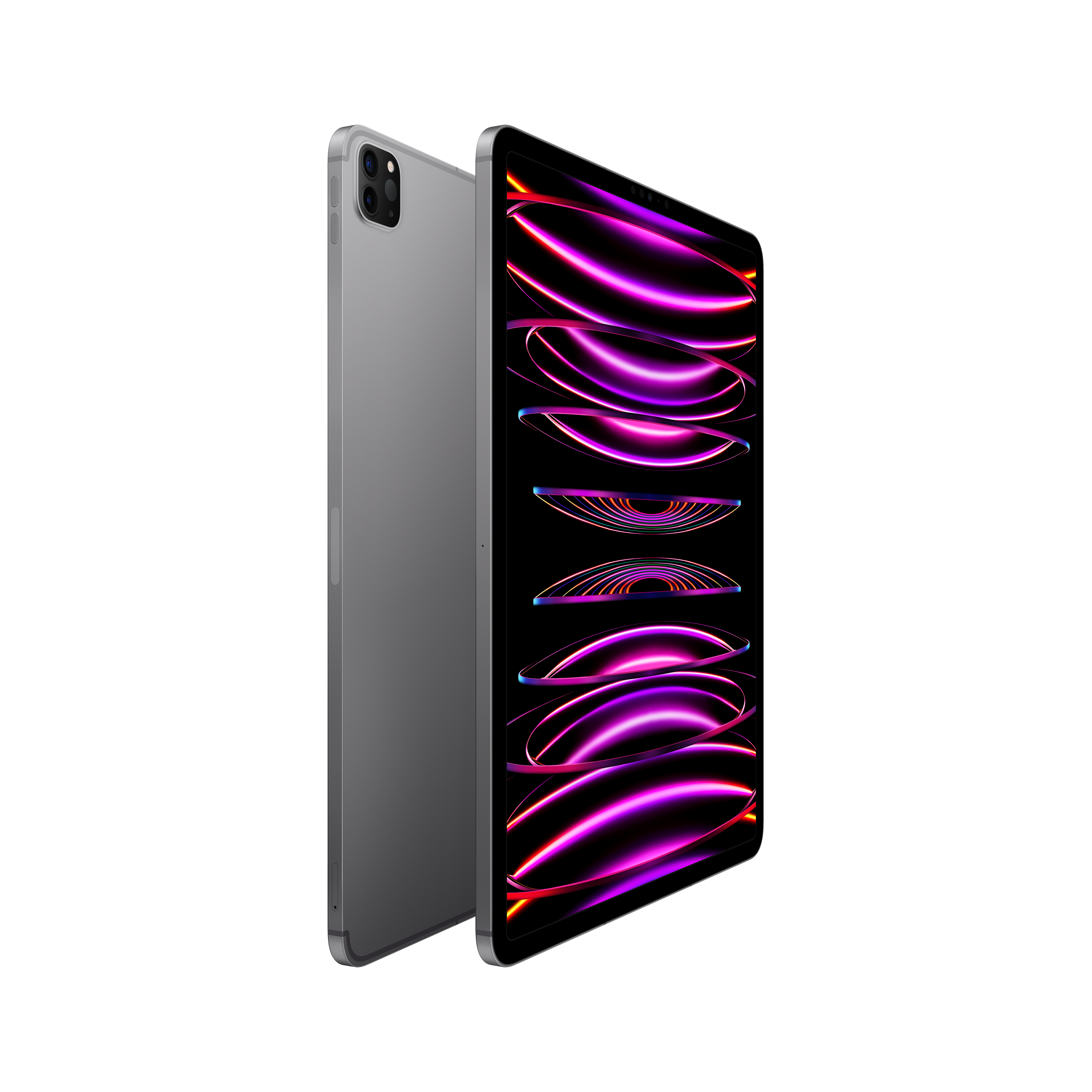 Ein graues Tablet wird mit seiner Rückseite und seinem Bildschirm mit einem lila Design angezeigt.