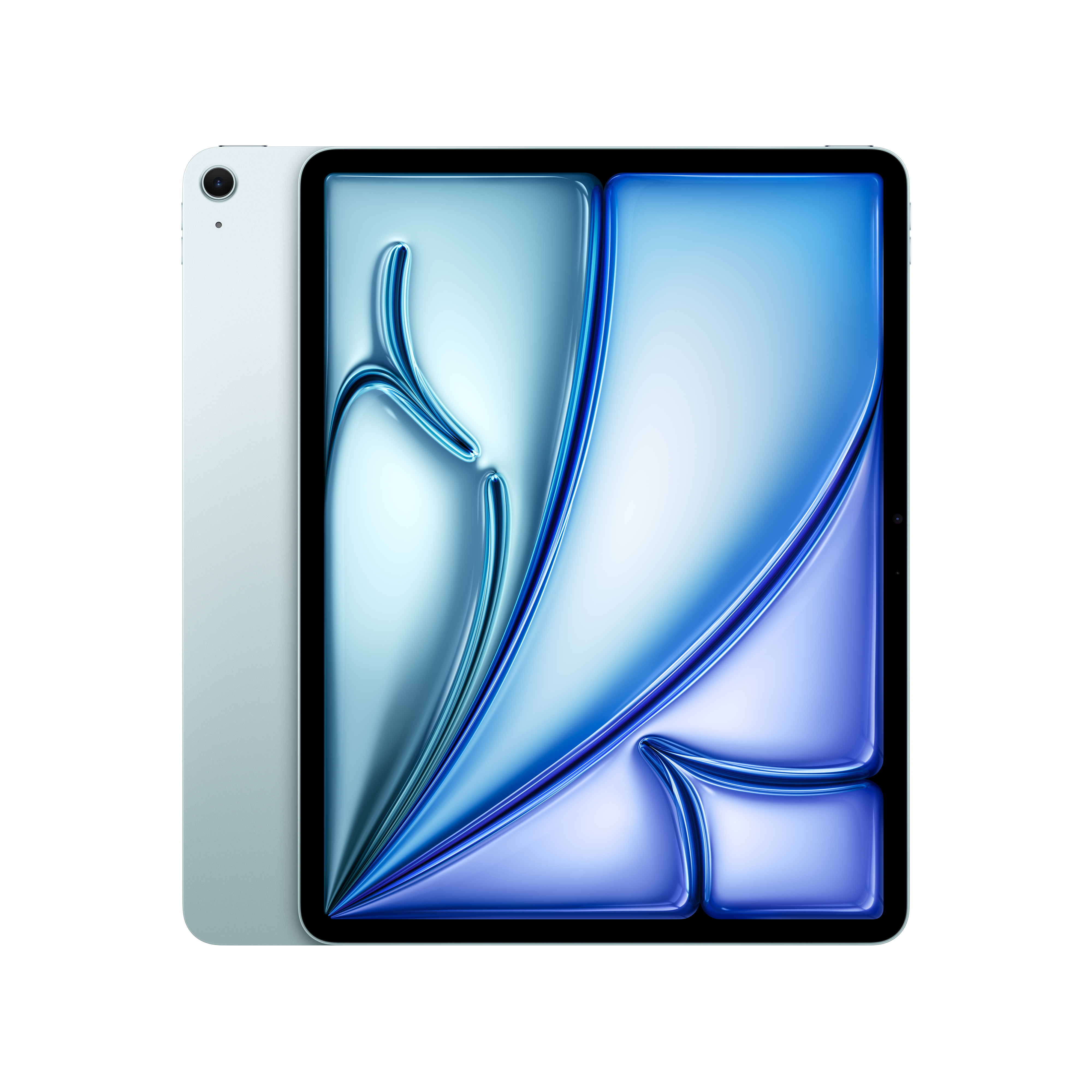 Un iPad su sfondo bianco. Lo schermo mostra un design blu astratto.