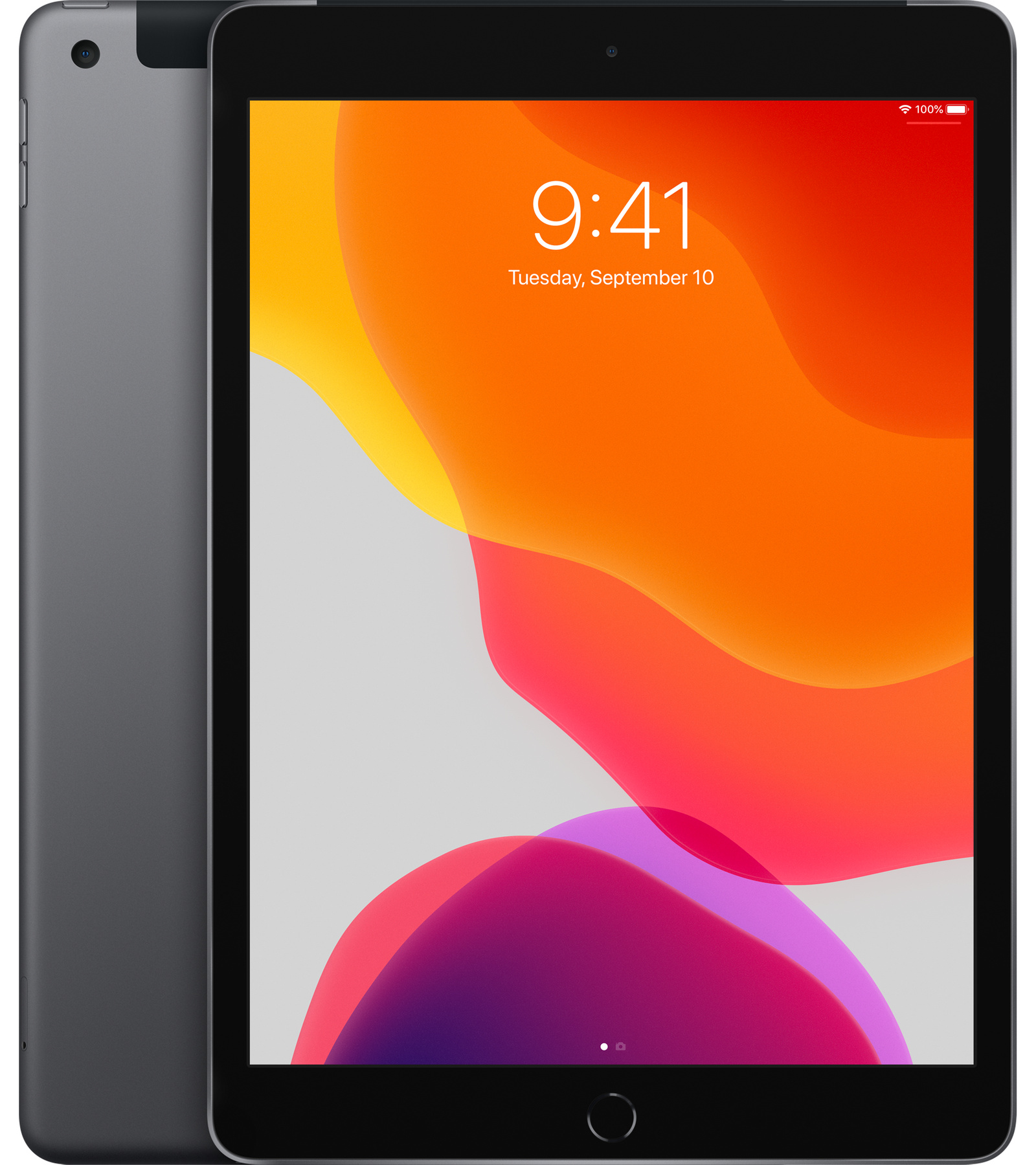 iPad que muestra una pantalla con un diseño abstracto colorido y la hora. La parte trasera es gris.