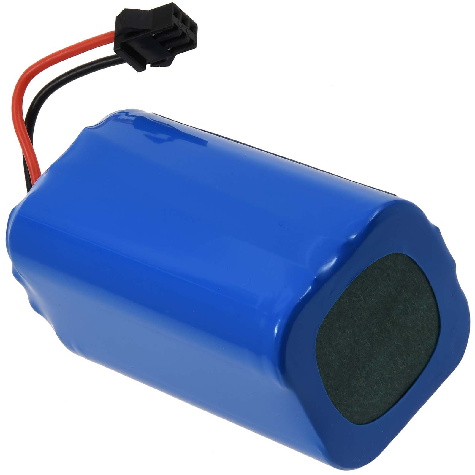 Blaue Batterie mit schwarzen und roten Drähten und einem Anschluss.