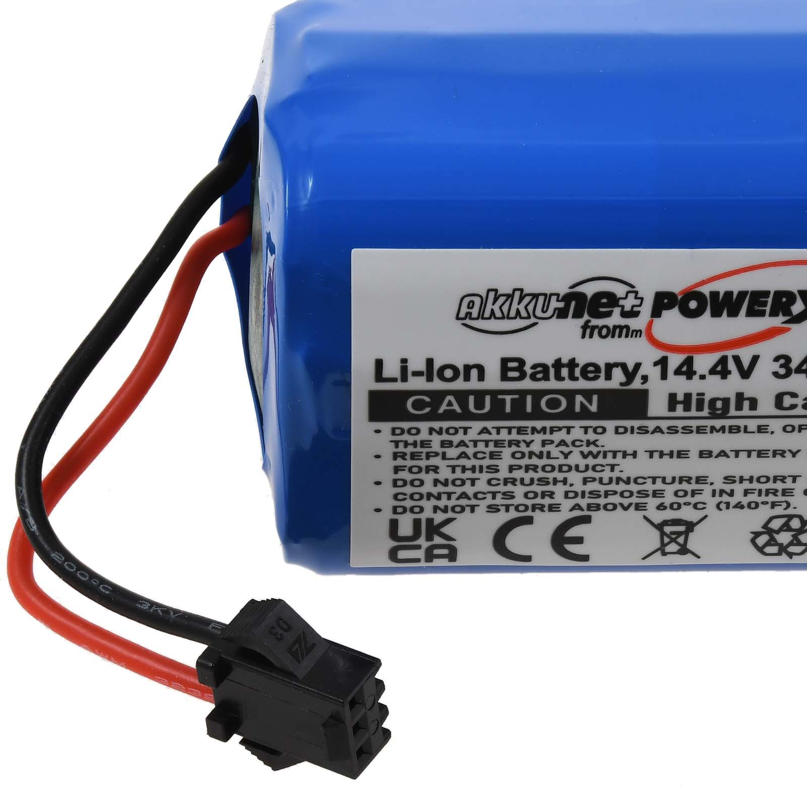 Blaue Batterie mit schwarzen und roten Drähten und einem Stecker. Weißes Etikett mit Text.