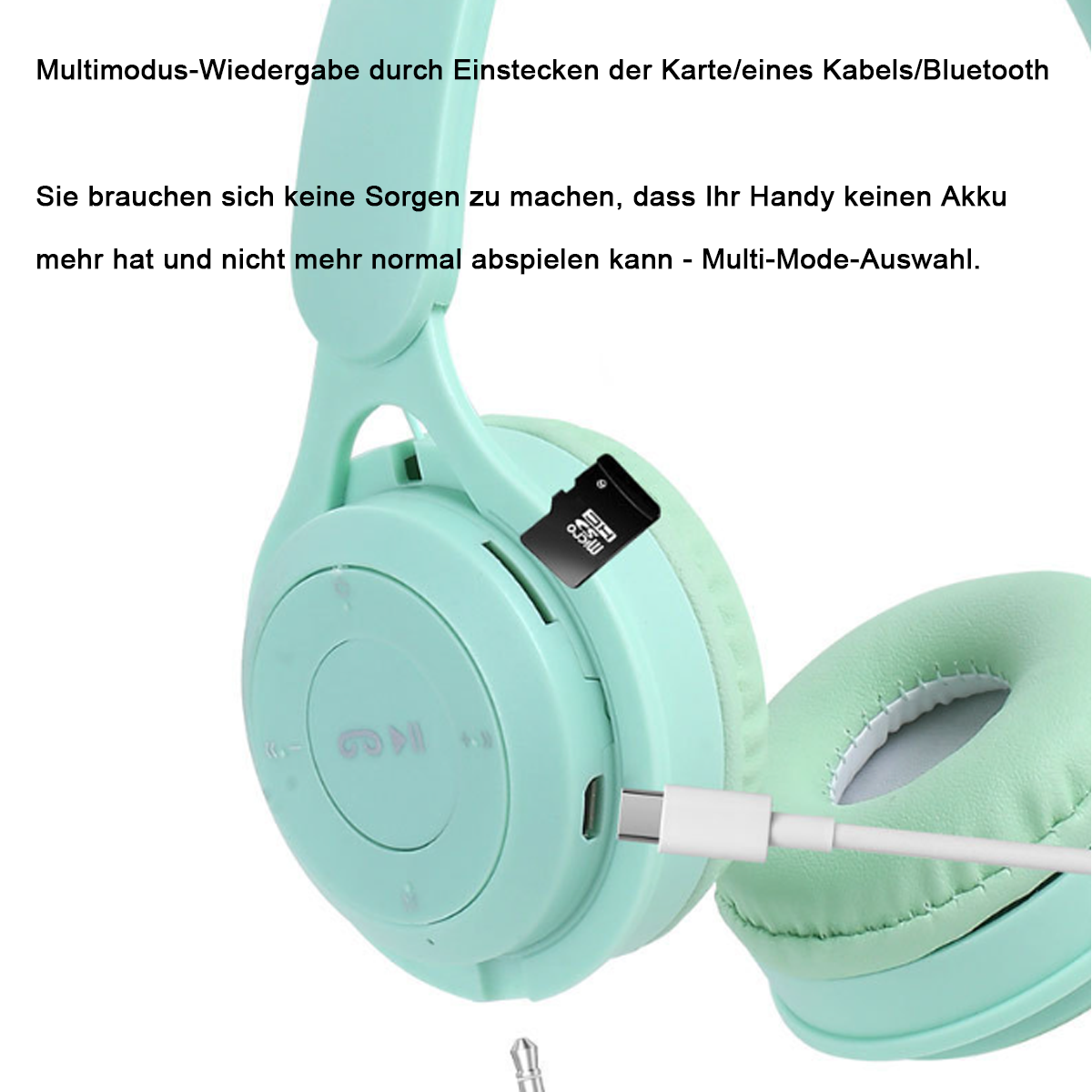 Ein Kopfhörerpaar mit Kabel. Die Kopfhörer sind hellgrün und haben ein weißes Kabel.
