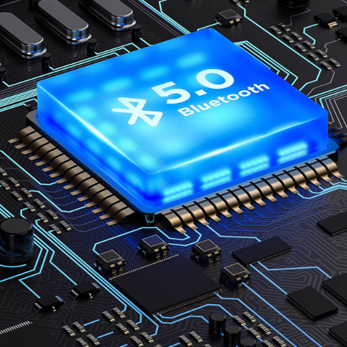 Blauer Bluetooth 5.0-Chip auf einer Leiterplatte mit blauen Linien. Schwarzer Hintergrund.