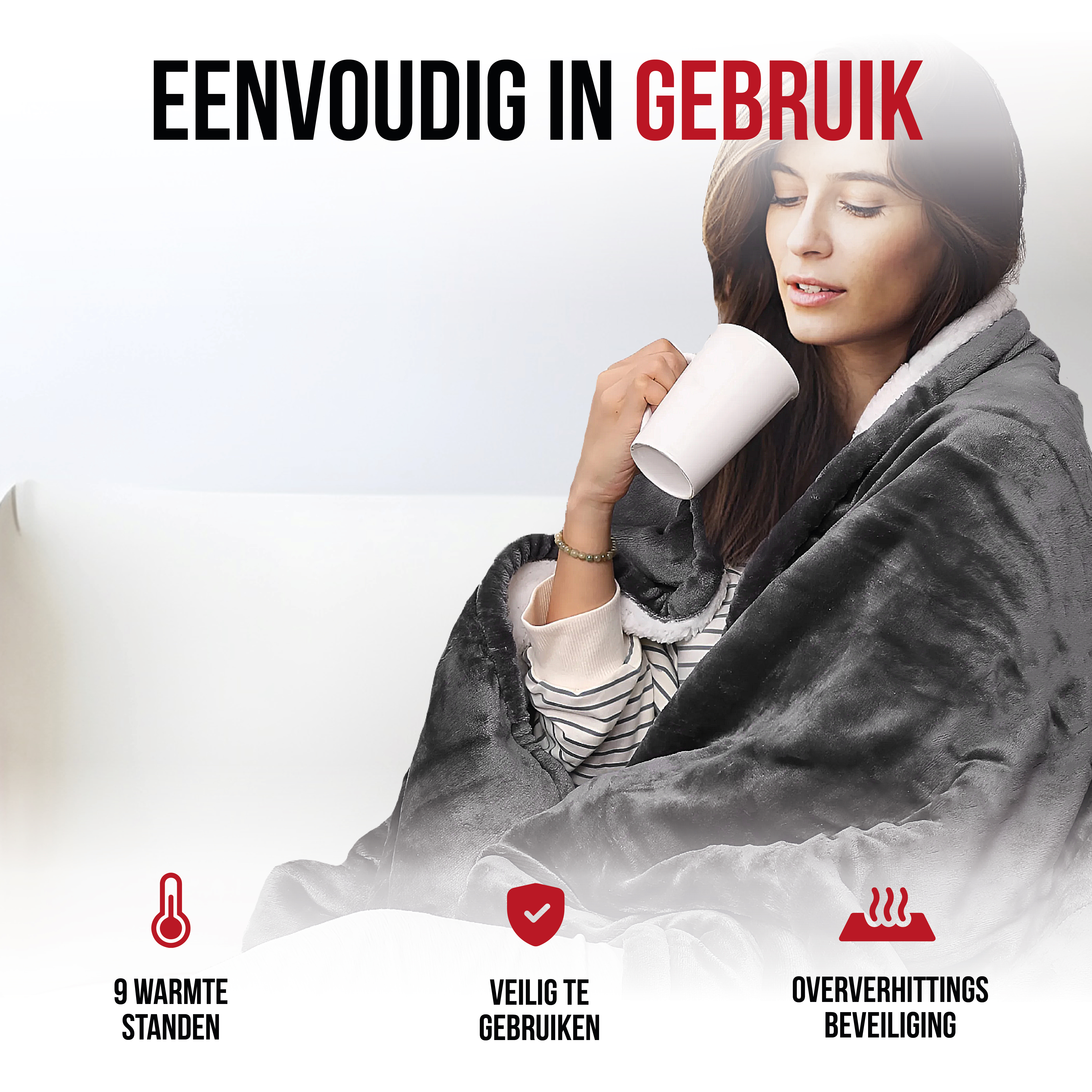 Vrouw in een grijze deken, met een witte beker. Pictogrammen voor warmte, veiligheid en oververhitting.
