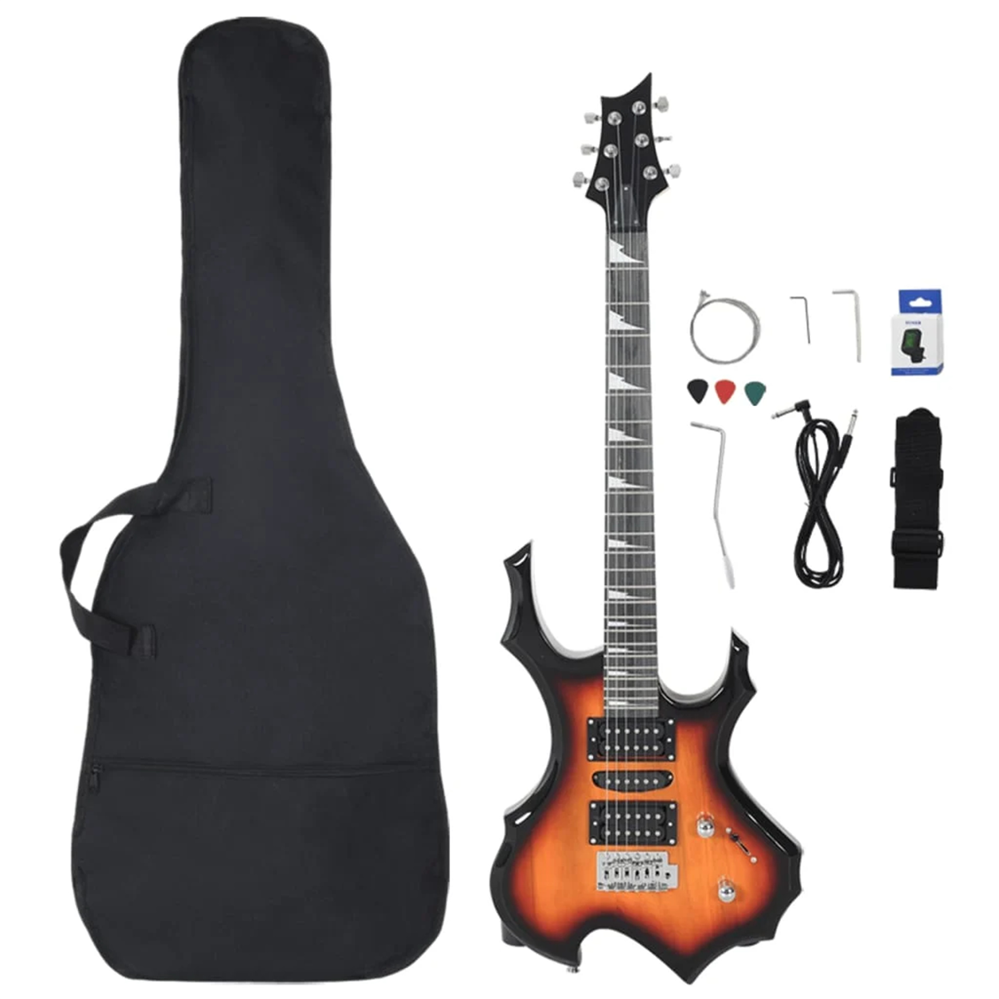 Eine E-Gitarre mit Zubehör in einem Koffer. Die Gitarre ist orange und schwarz, mit Plektren und Gurt.
