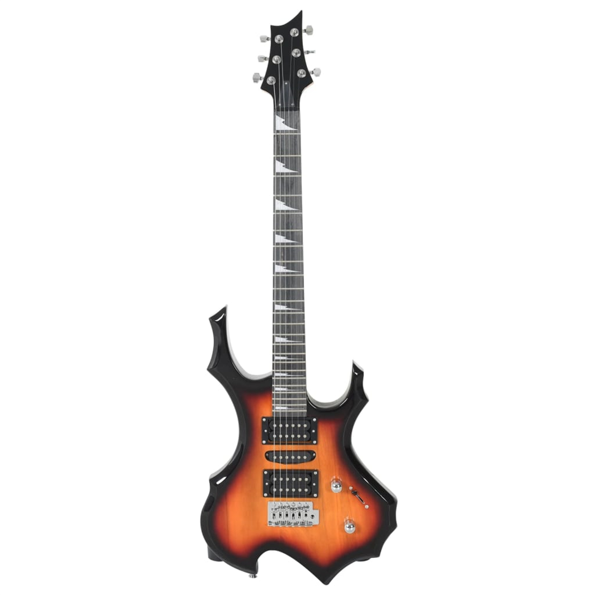 E-Gitarre mit schwarzem und orangefarbenem Finish. Weißer Hintergrund.