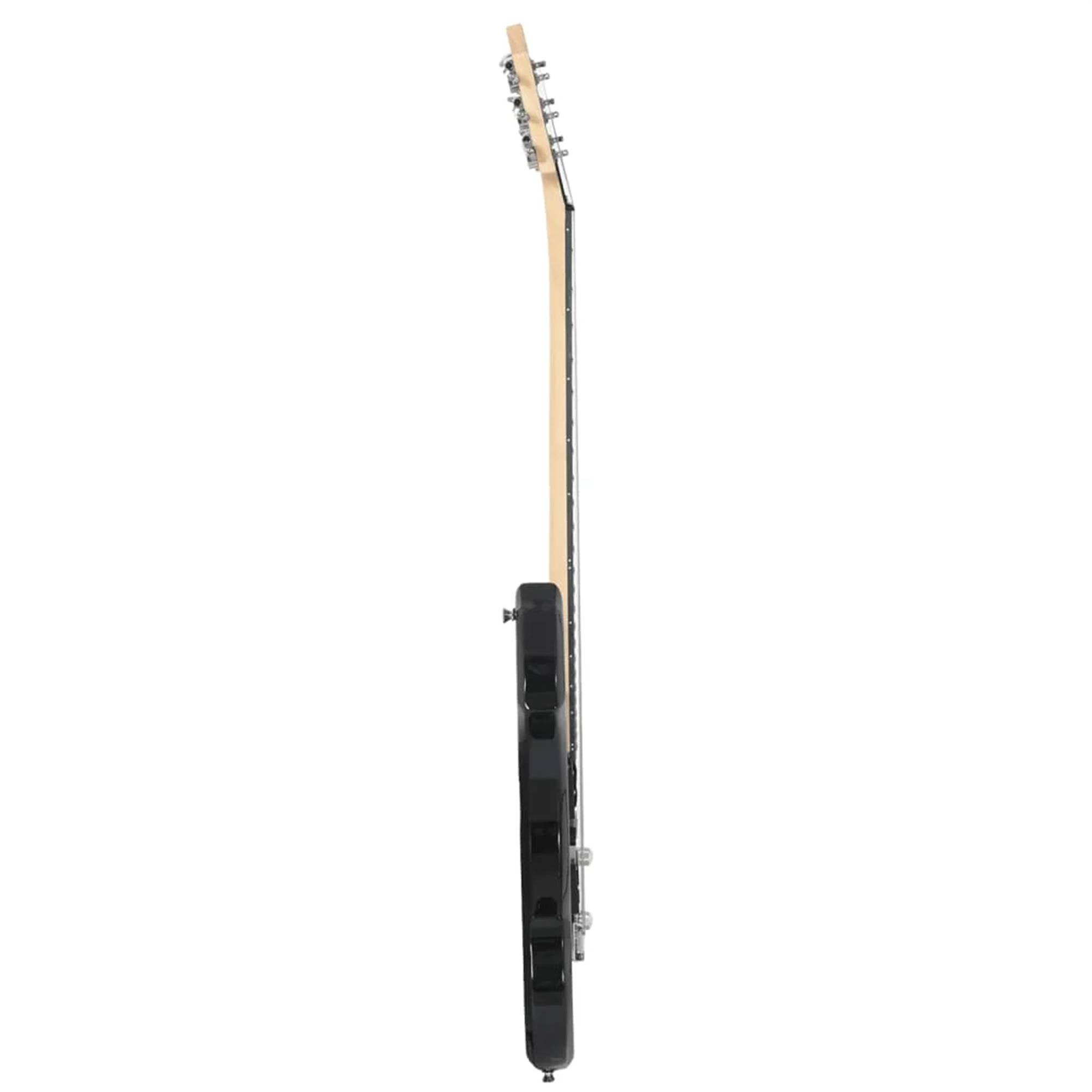 Eine schwarze E-Gitarre von der Seite, mit hellem Hals und weißem Hintergrund.