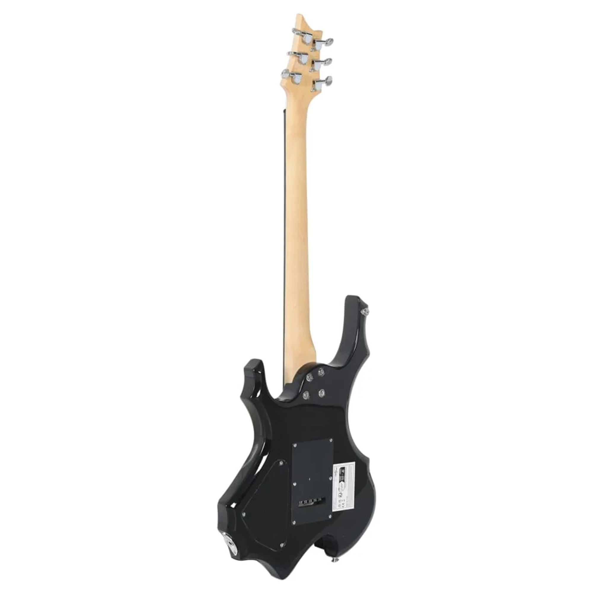 Gitarrenrückansicht. Schwarzer Korpus, Holz-Hals und Kopfplatte mit Mechaniken.