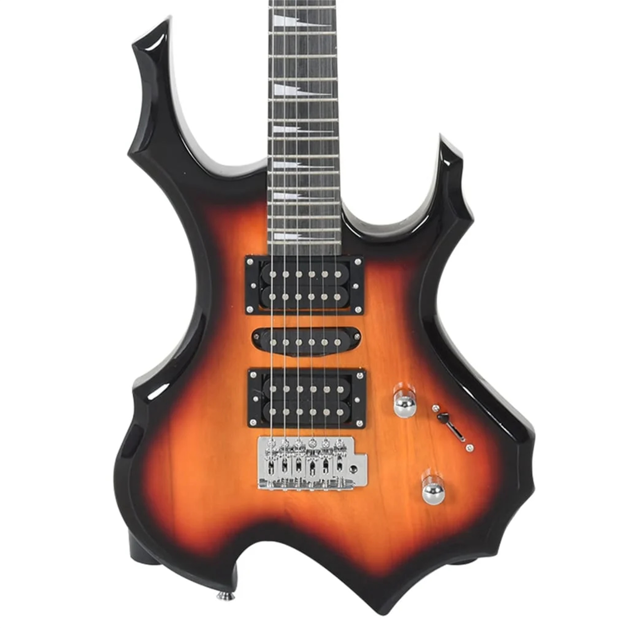 E-Gitarre, orange und schwarz, freigestellt auf weißem Hintergrund.