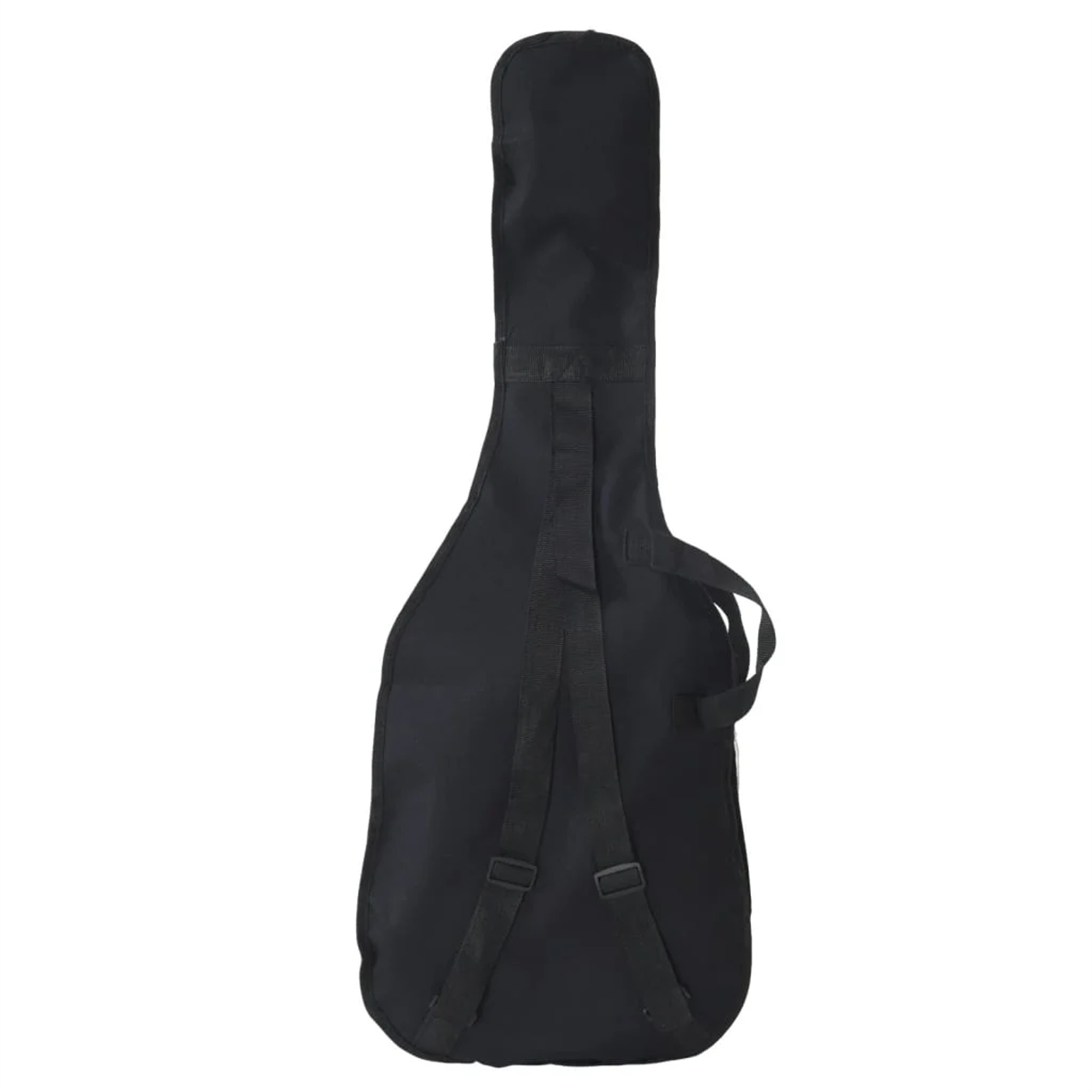 Ein schwarzer Gitarrenkoffer mit Trägern, aufrecht stehend auf weißem Hintergrund.