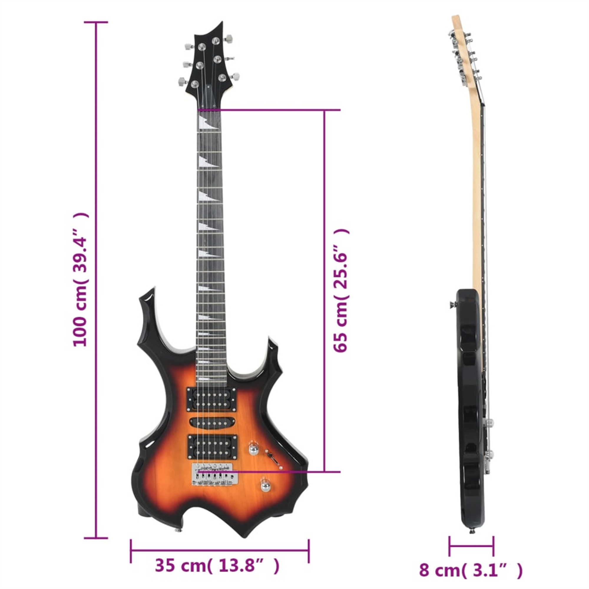 Eine E-Gitarre mit Maßen. Schwarzer und orangefarbener Korpus, zwei Ansichten: vorne und seitlich.