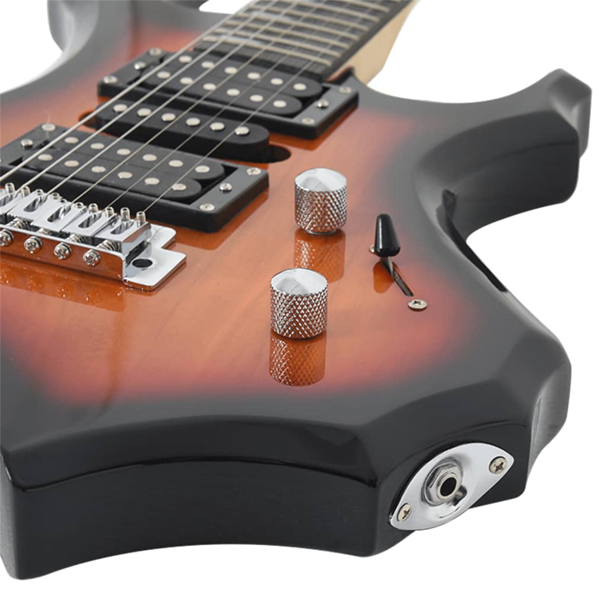 Das Bild zeigt einen Teil einer Gitarre. Sie ist schwarz und braun. Es gibt Knöpfe und eine Buchse.