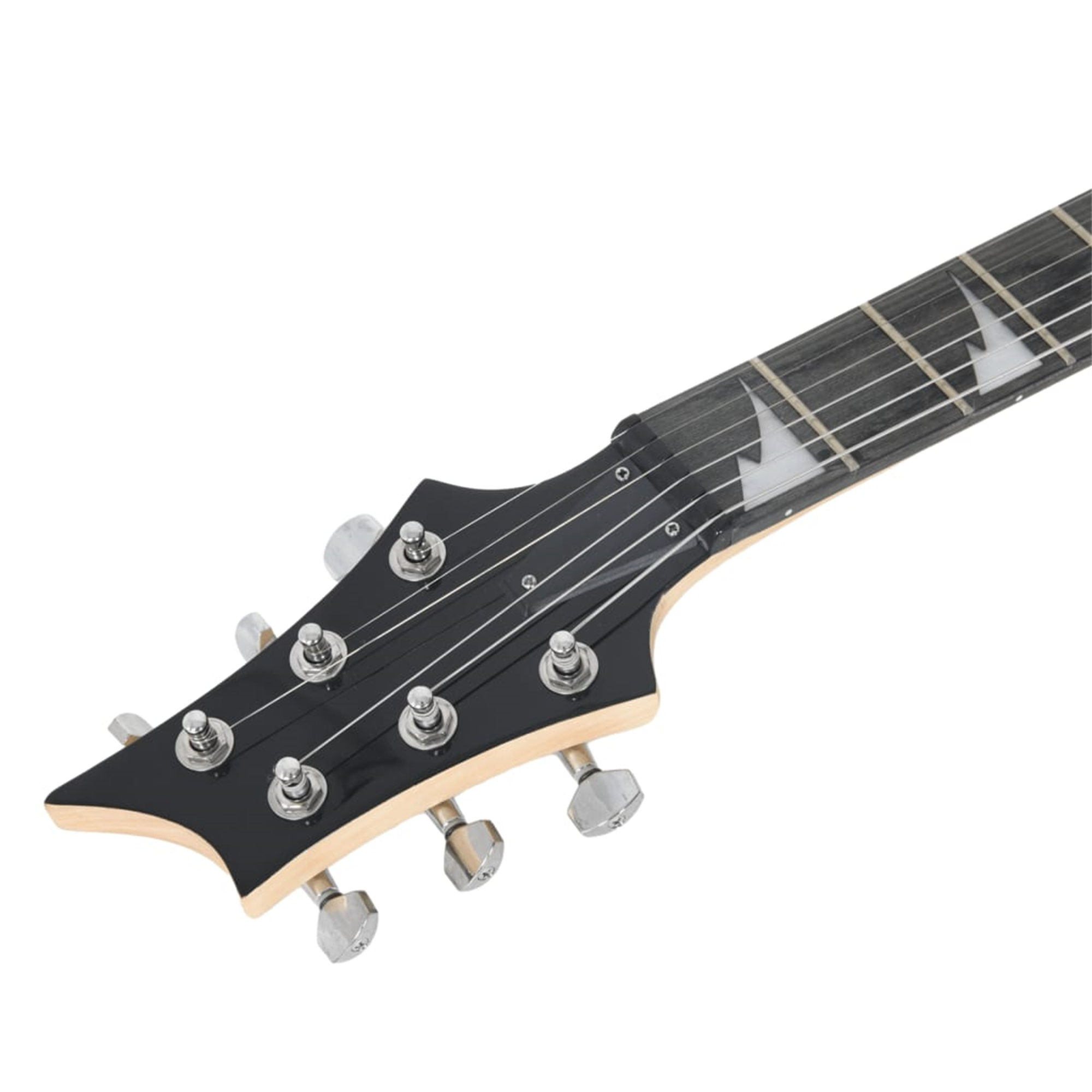Nahaufnahme einer schwarzen Gitarrenkopfplatte, silberne Stimmwirbel auf Weiß.