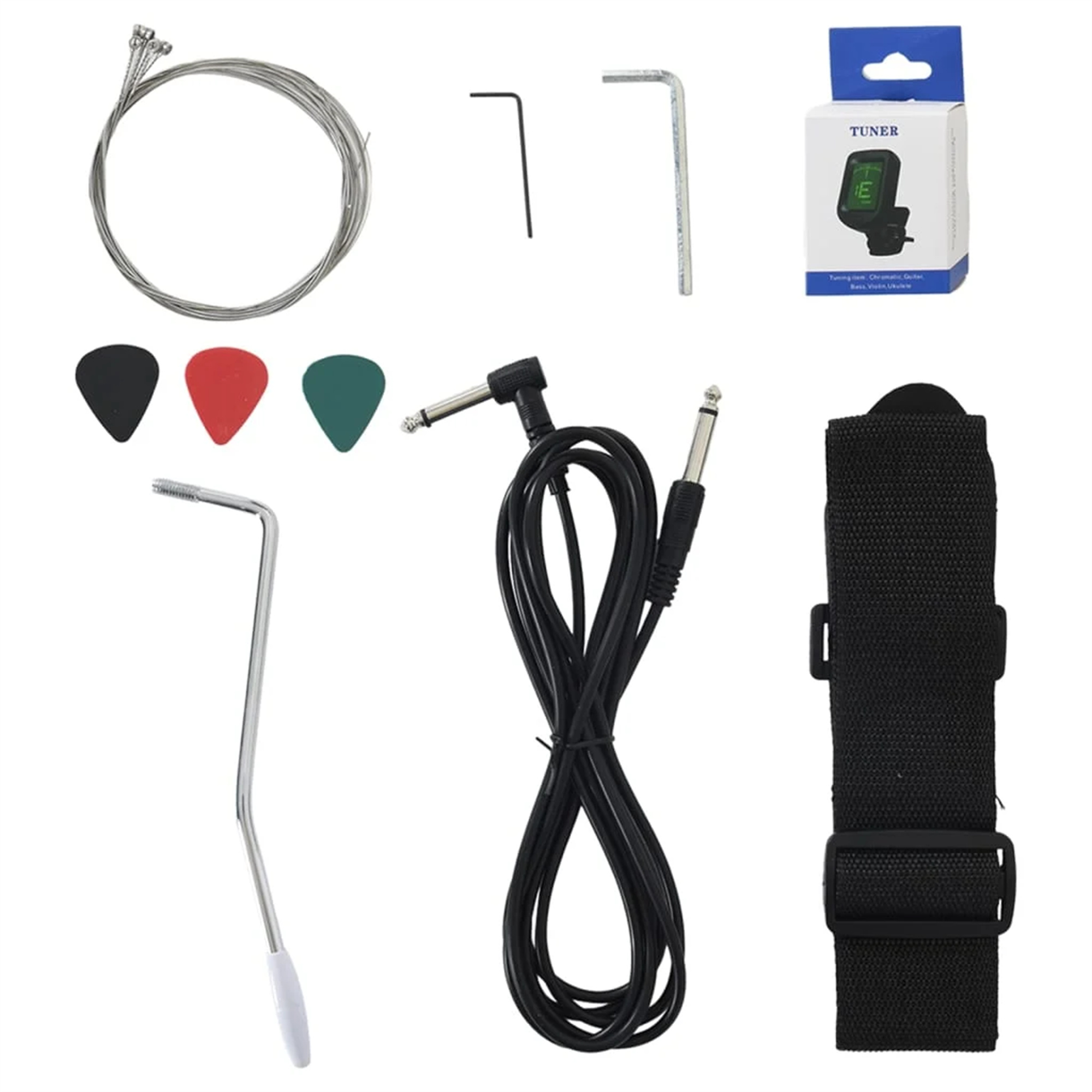 Gitarrenzubehör: Saiten, Plektren, Inbusschlüssel, Stimmgerät, Kabel und schwarzer Gurt. Alles neu und unbenutzt.