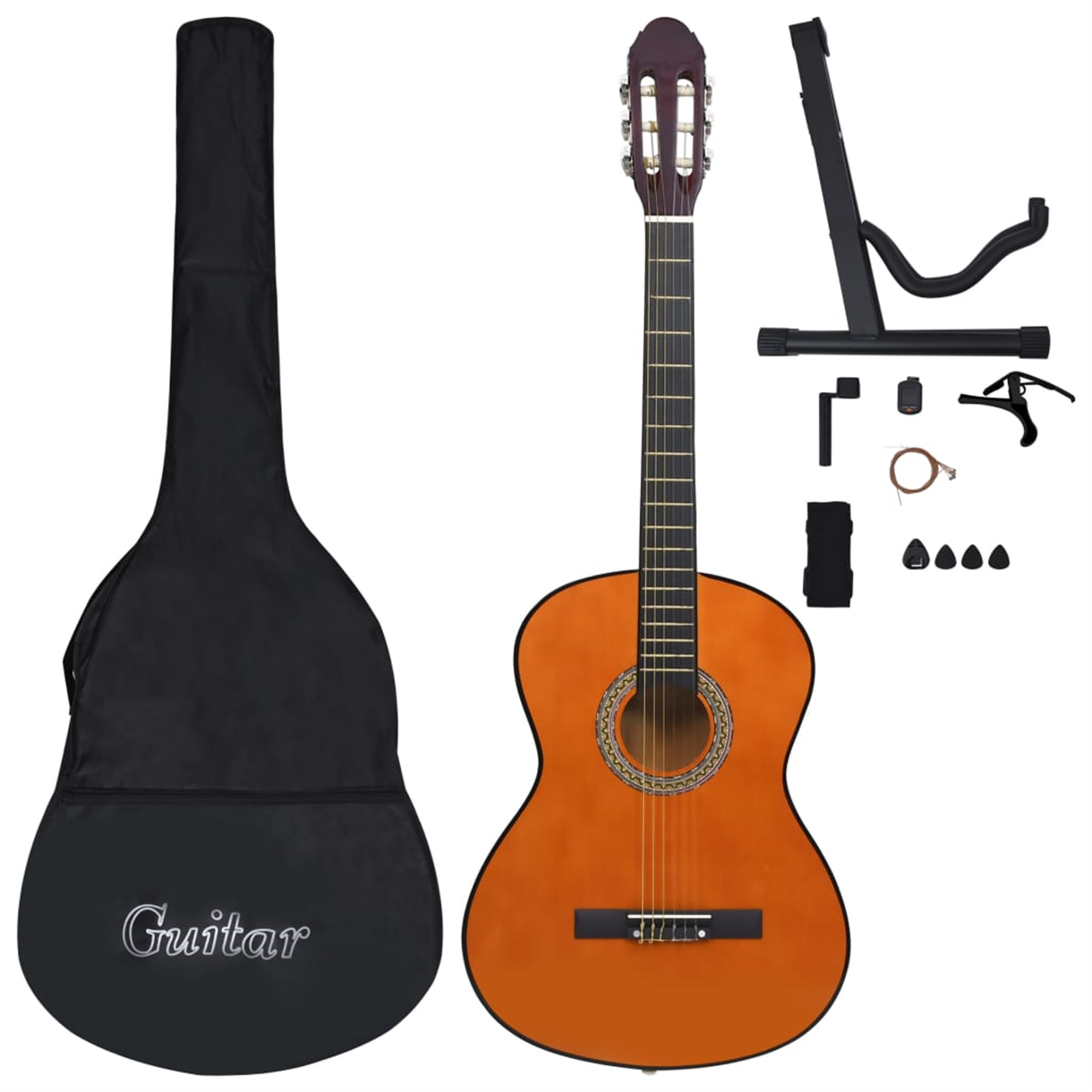 Akustikgitarre, Gitarrenkoffer, Ständer und Zubehör auf weißem Hintergrund.