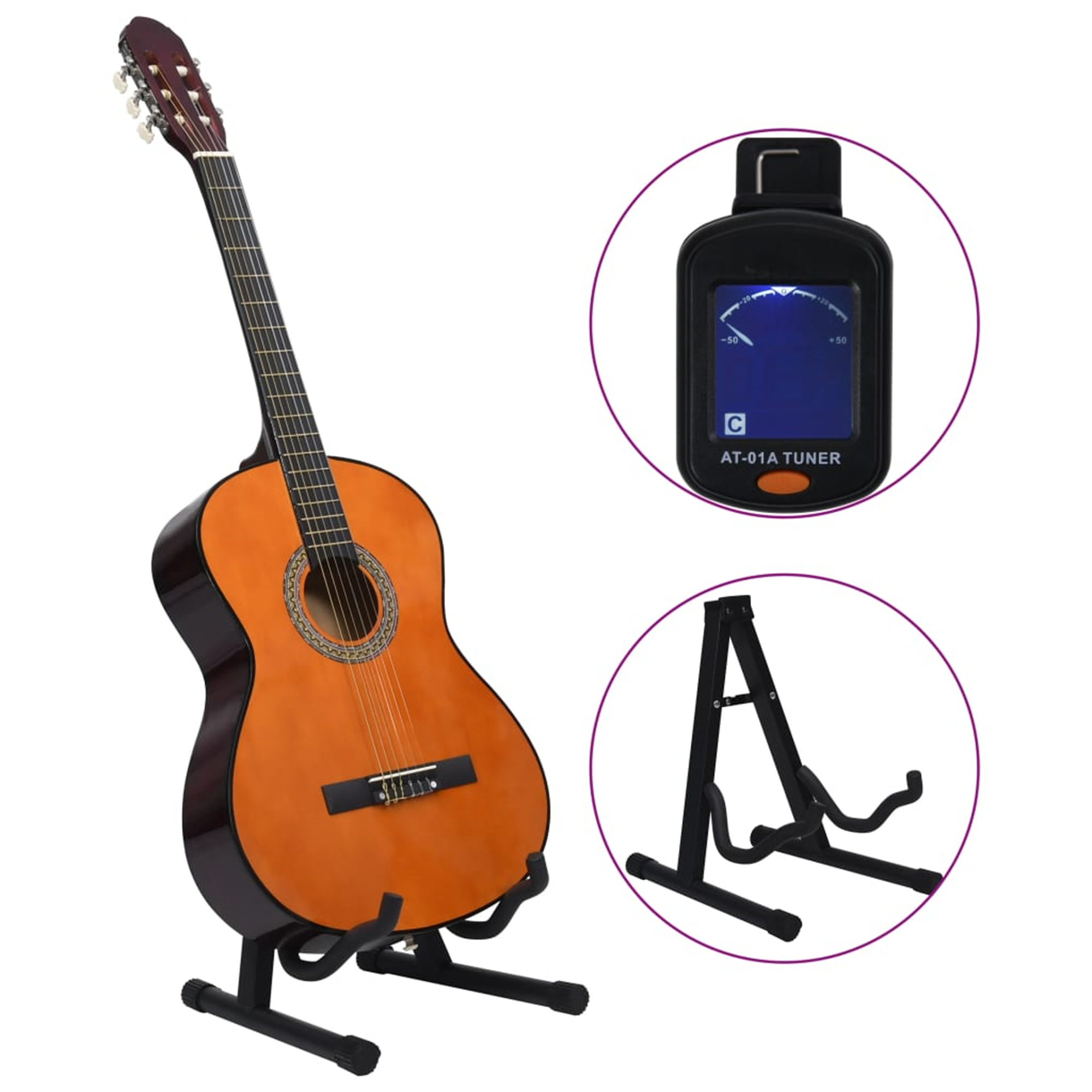 Akustikgitarre auf einem Ständer, ein Stimmgerät und ein Gitarrenständer, alles im Bild. Isoliert auf Weiß.