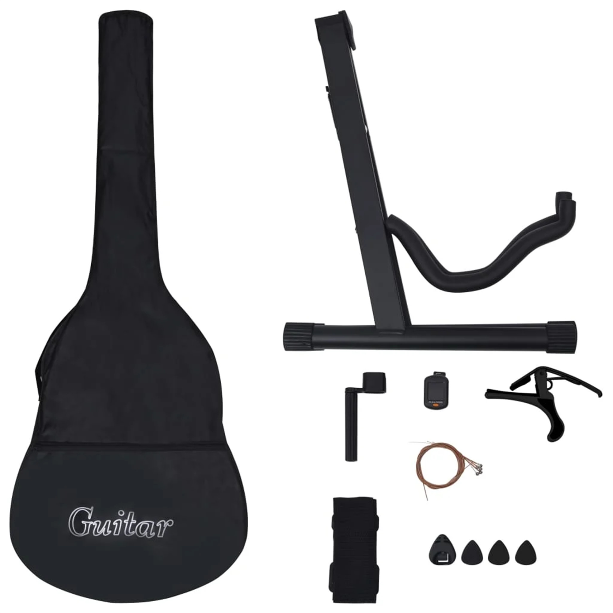 Gitarrentasche, Ständer und Zubehör. Enthält einen Kapodaster, Plektren, Stimmgerät, einen Gurt und Saiten.