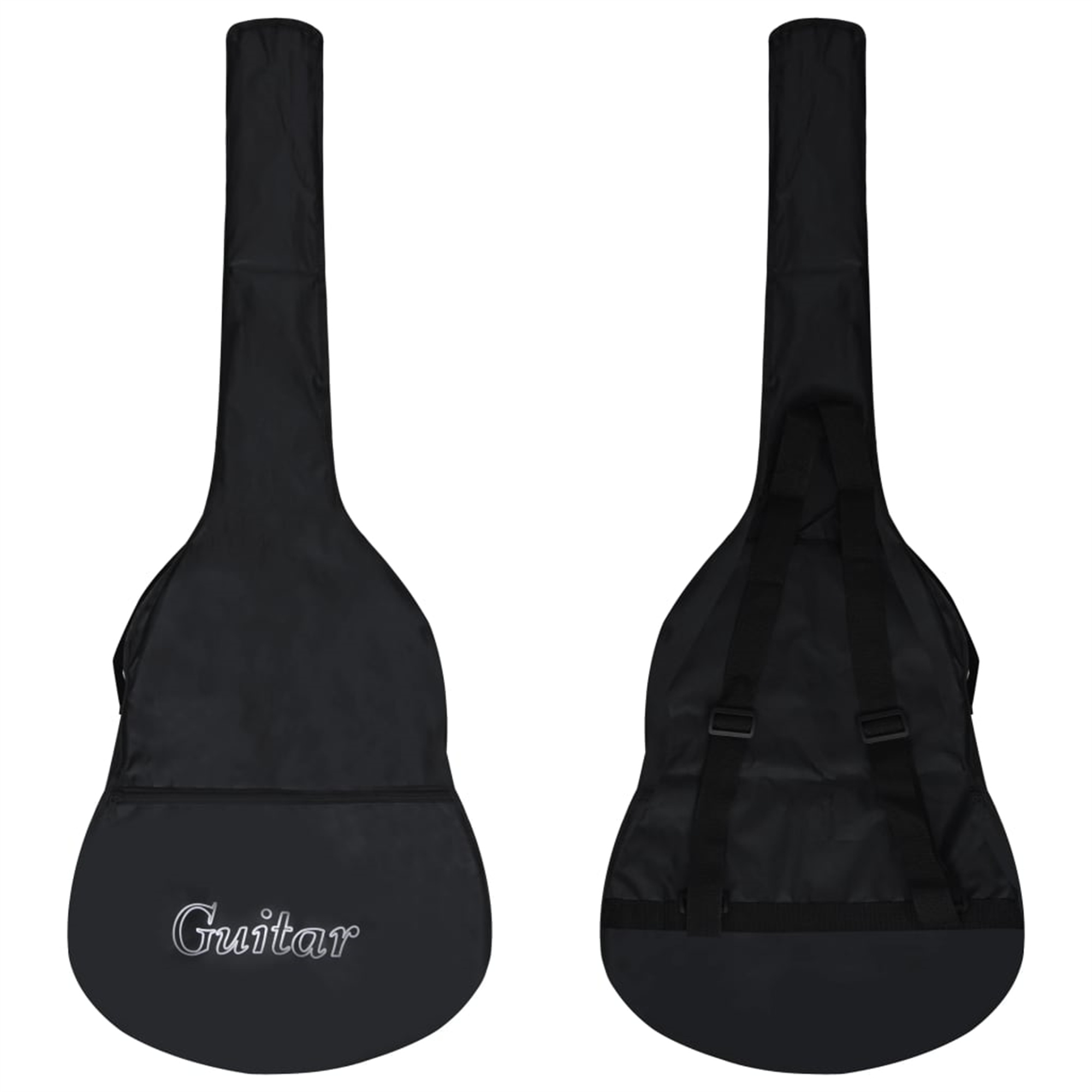Zwei Gitarrenkoffer. Einer zeigt die Vorderseite mit einem Gitarrenlogo, der andere die Rückseite mit Trägern.