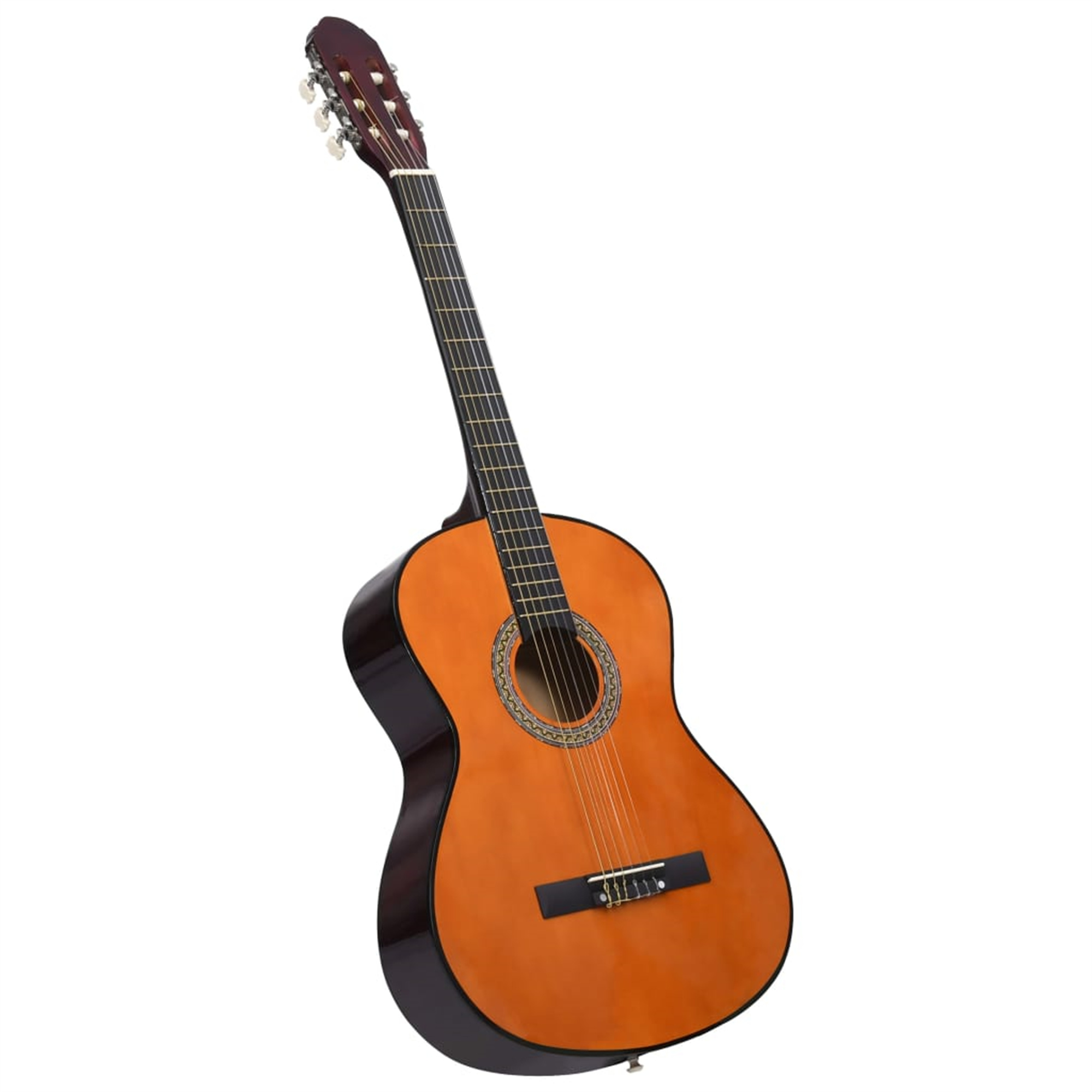 Eine Akustikgitarre in Braun. Die Gitarre hat einen dunkelbraunen Hals und ein Schallloch.