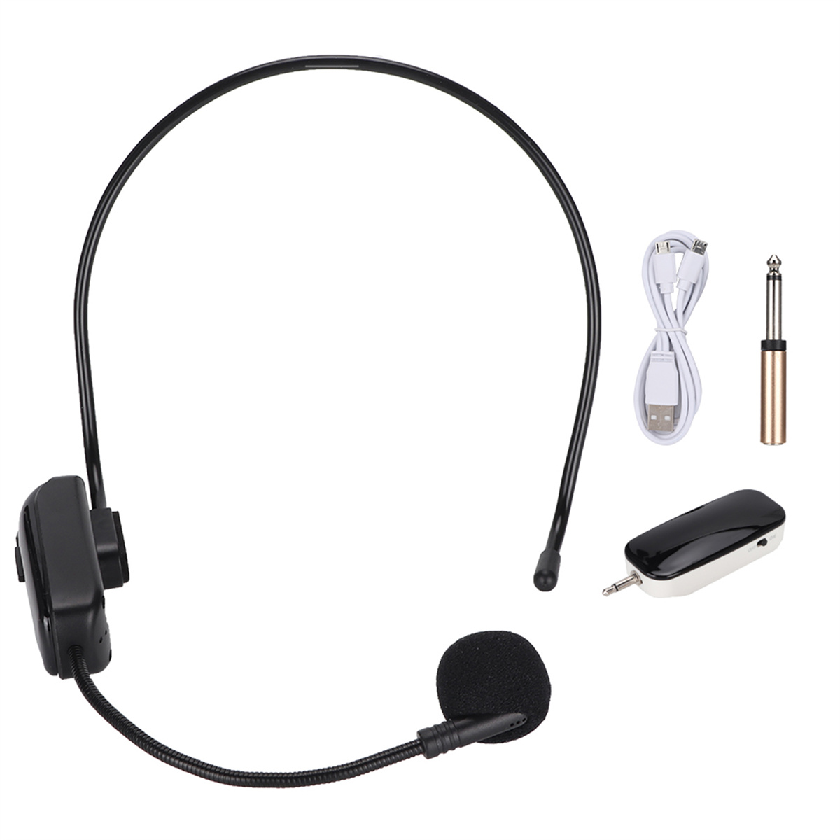 Headset-Mikrofon mit schwarzem Stirnband und kleiner Steuerbox.