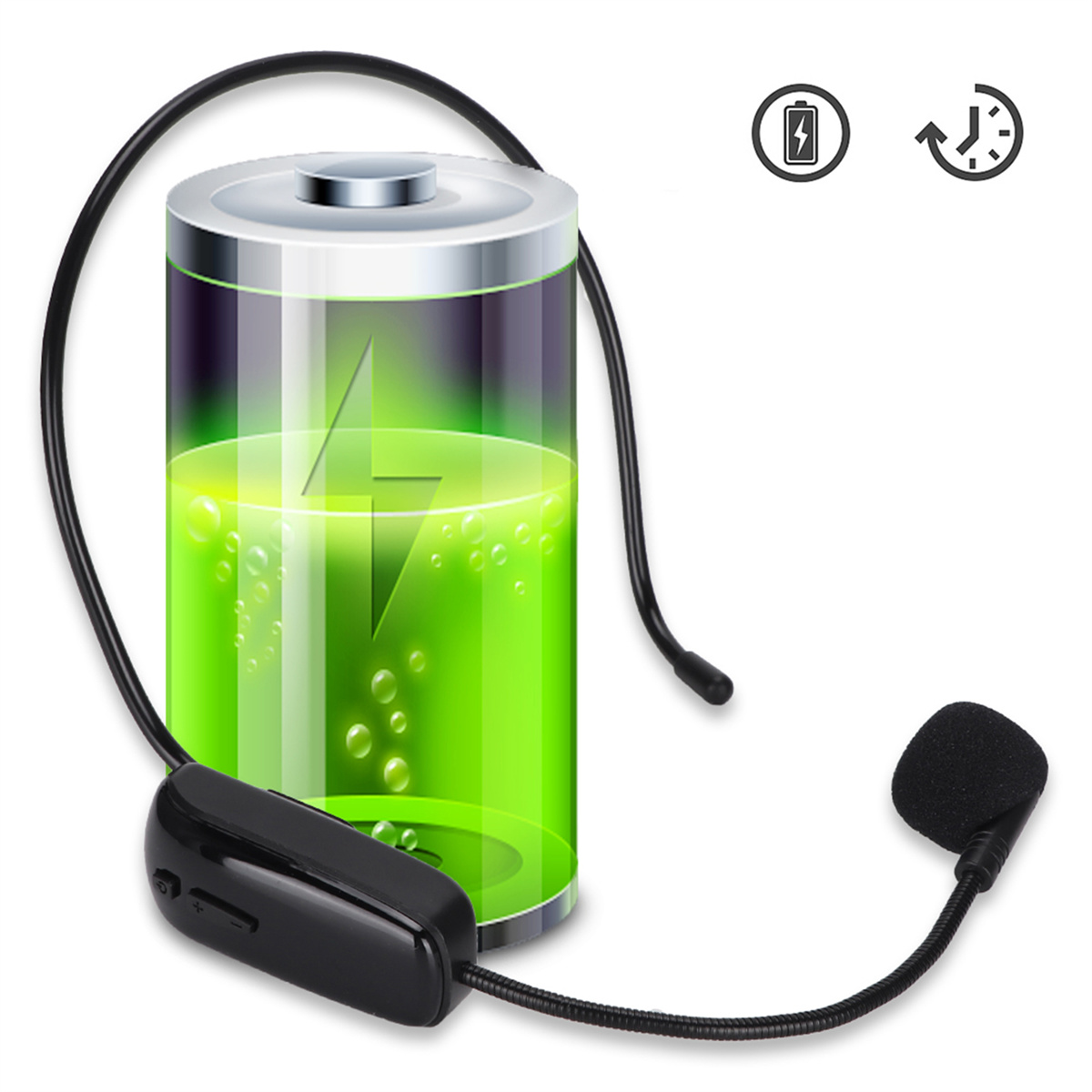 Headset-Mikrofon mit Akkusymbol und Ladesymbol. Der Akku ist grün.