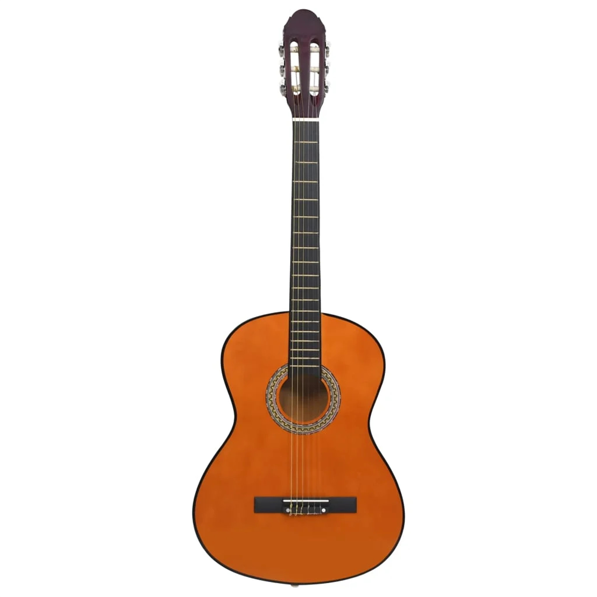 Eine klassische Gitarre, orangefarbenes Holz, schwarze Saiten und ein weißer Hintergrund. Die Gitarre ist zentriert.