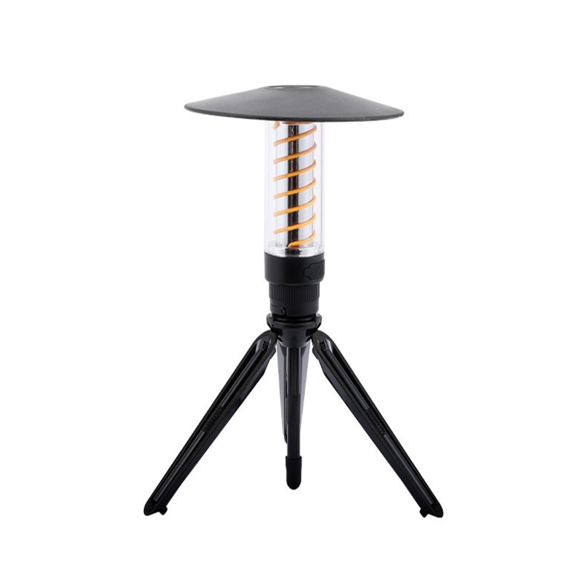 Schwarze Stativlampe mit schwarzem Oberteil und sichtbarer orangefarbener Spirale. Weißer Hintergrund.