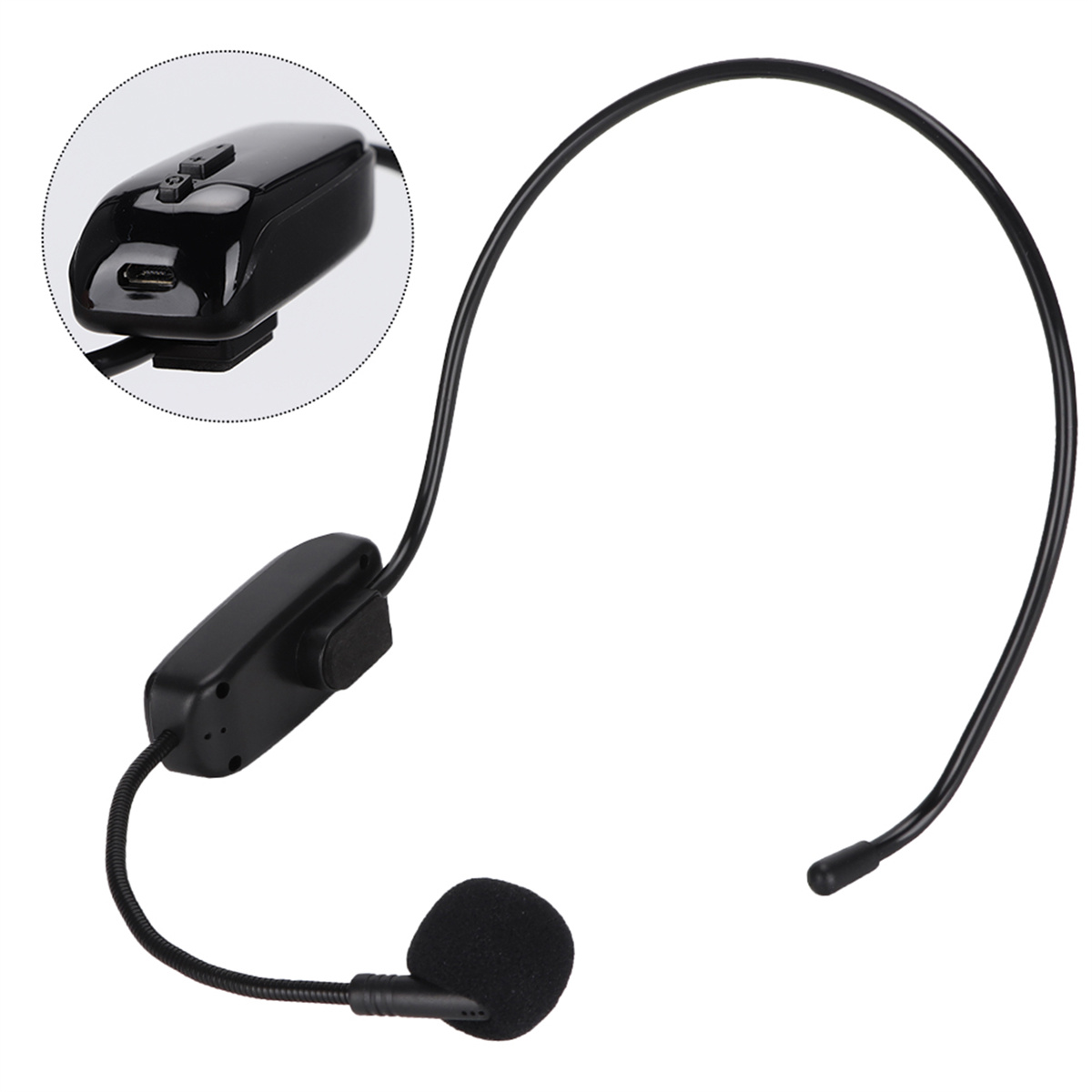 Schwarzes Headset mit Mikrofon. Es hat einen gebogenen Kopfbügel und eine schwarze Steuerbox.