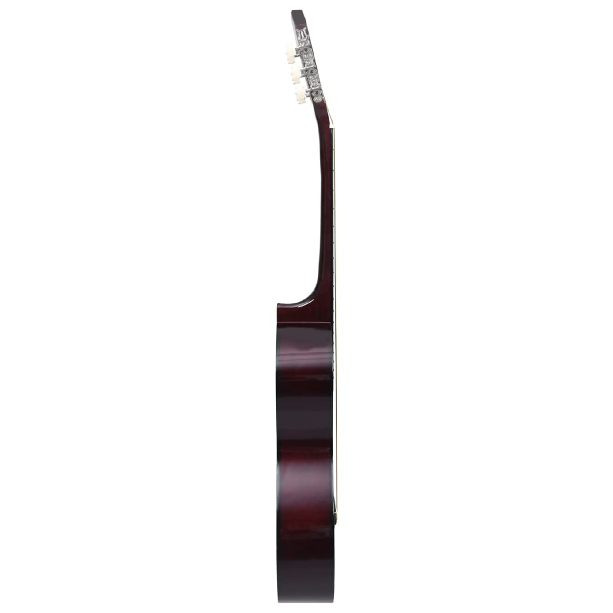 Akustikgitarre, Seitenansicht. Dunkelweinroter Korpus mit Hals und Kopfplatte. Weiße Stimmwirbel und Saiten.