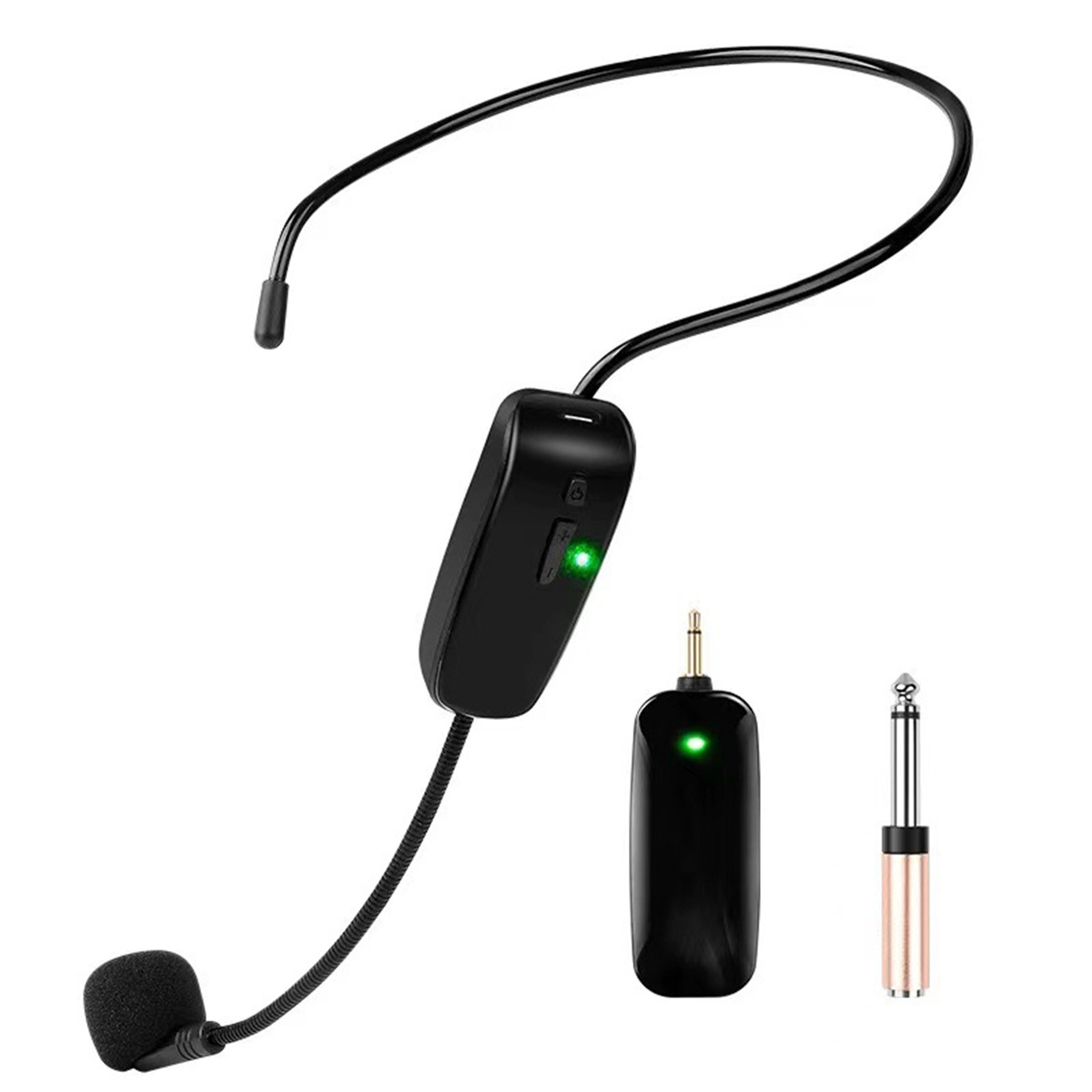 Schwarzes Headset-Mikrofon mit Sender und Klinkenstecker.